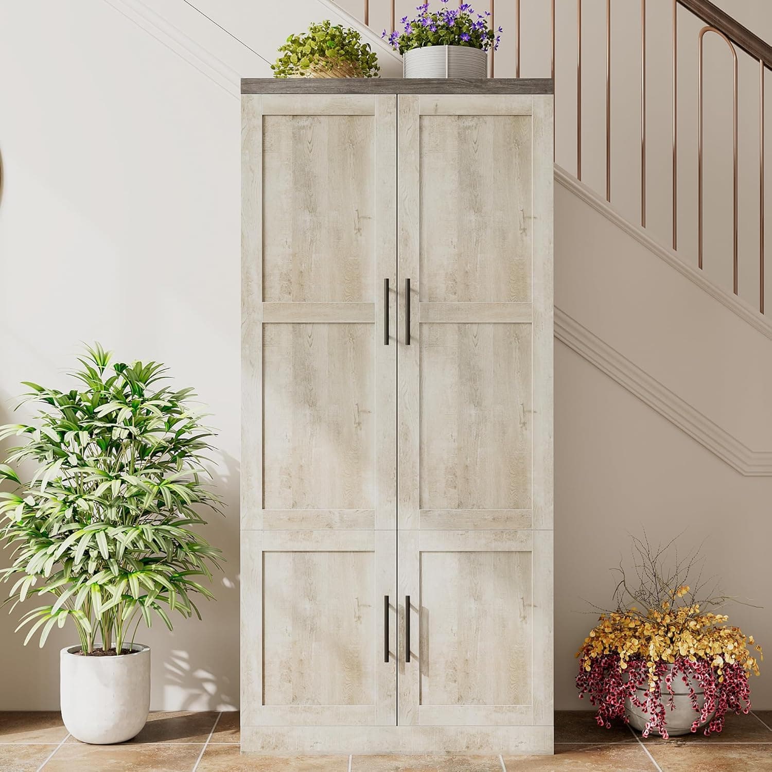 LIKIMIO Large Wardrobe Closet, Farmhouse Clothing Storage Cabinet with Hanging Rod and 2 Doors, Wooden Tall Bedroom Armoires with Storage Shelves, Rustic White