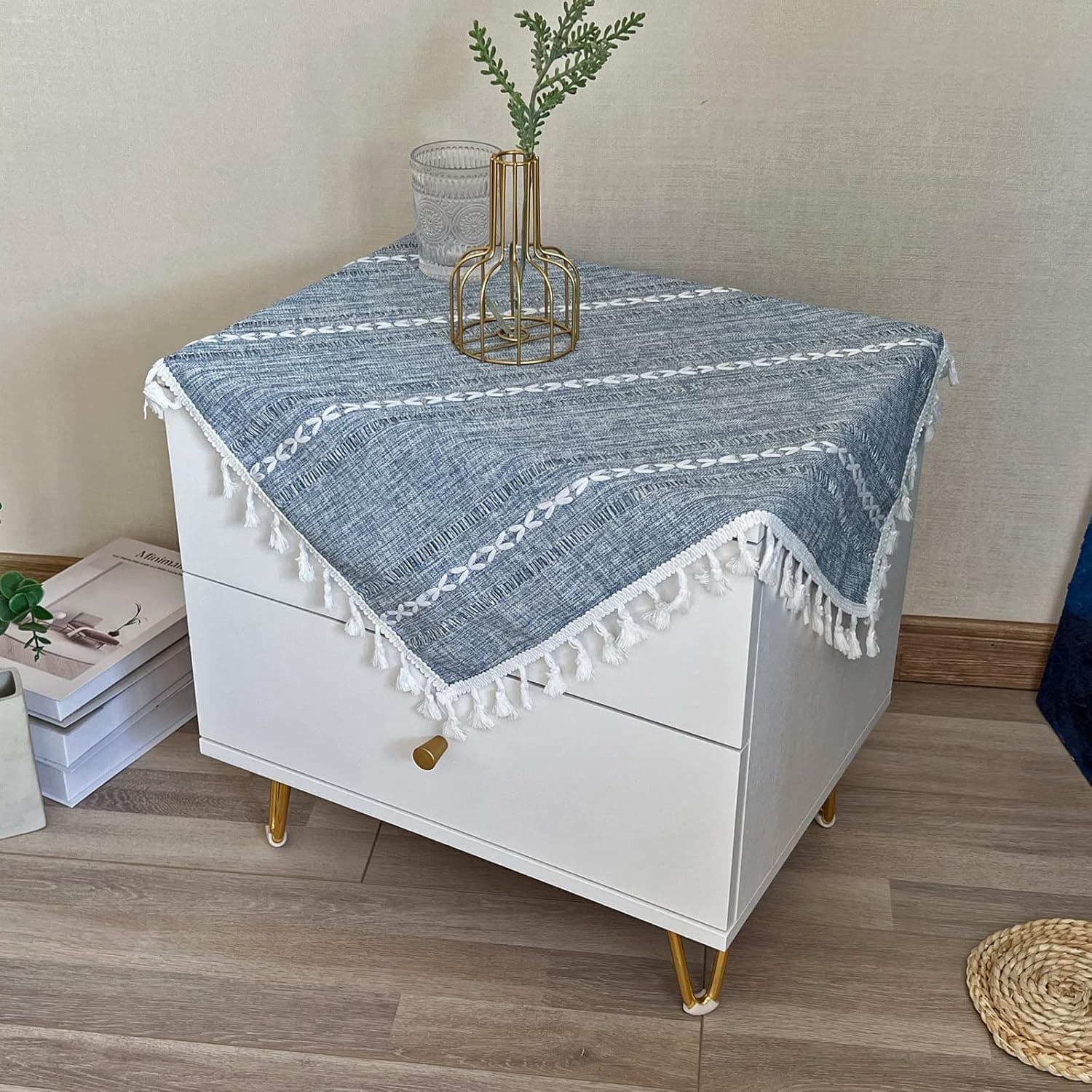 Rustic Bedside Square Small Tablecloth Striped Embroidered Washable Blue Table Cover Farmhouse Stitching Tassel Table Cloth for Nightstand Cabinet Tabletop Decoration 24 x 24 Inch