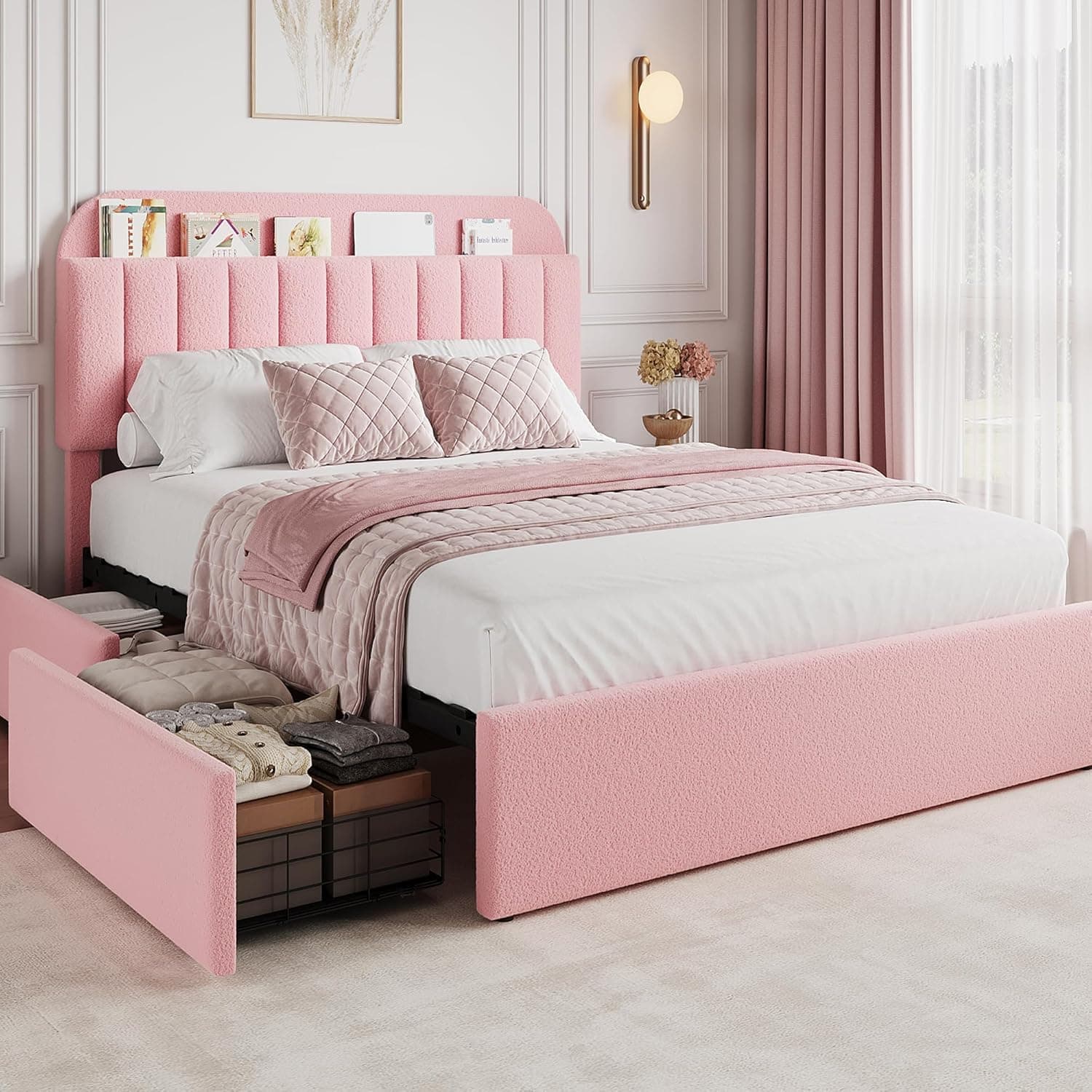 GarveeHome Pink Full Bed Frame with Storage Headboard, Girls Bed Frame with 2 Drawers, Boucle Upholstered Platform Bed with Bookcase, No Box Spring Needed, Easy Assembly, Pink