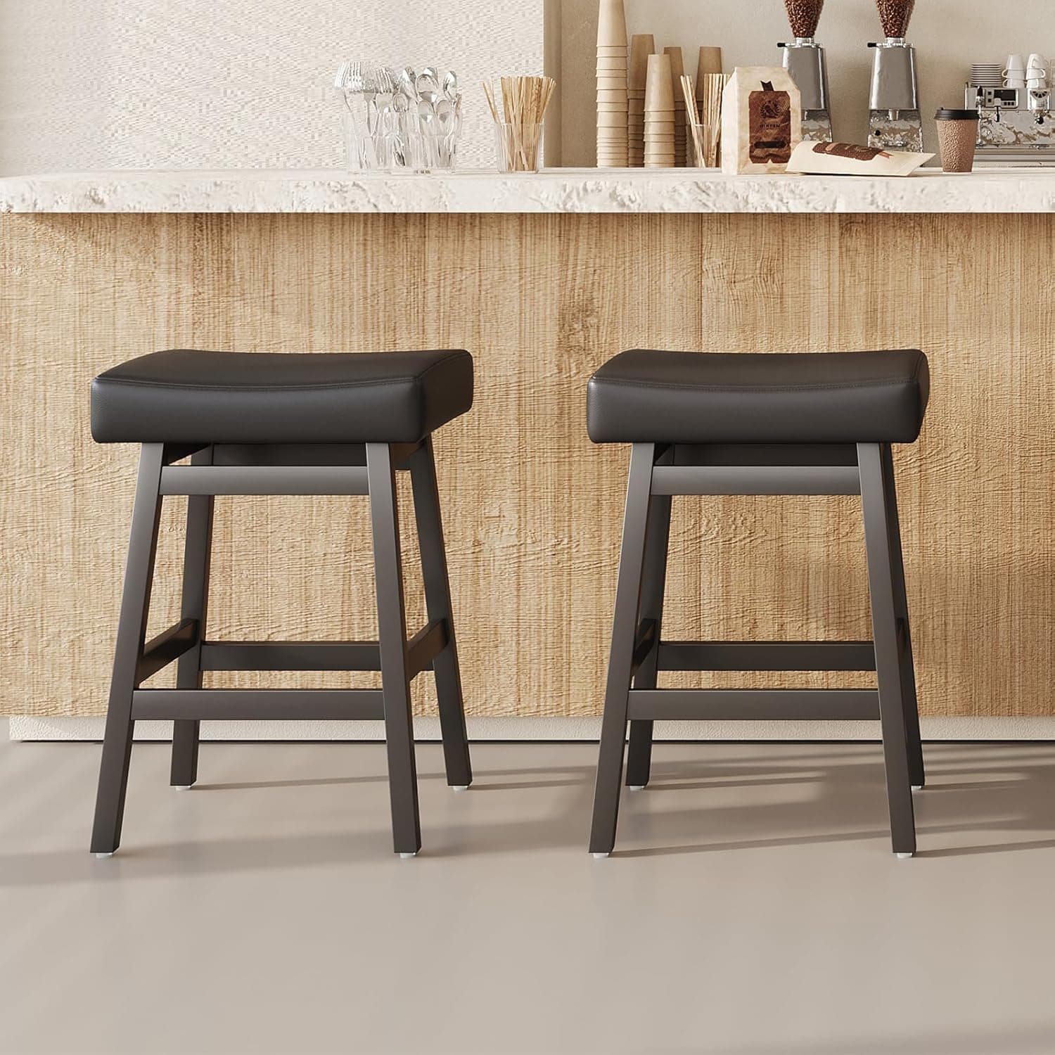 Bar Stools Set of 2, 26 Inch Counter Height Solid Wood Barstool with PU Leather Saddle Seat for Kitchen Island, Pub,Easy Assembly,High Weight Capacity, Black