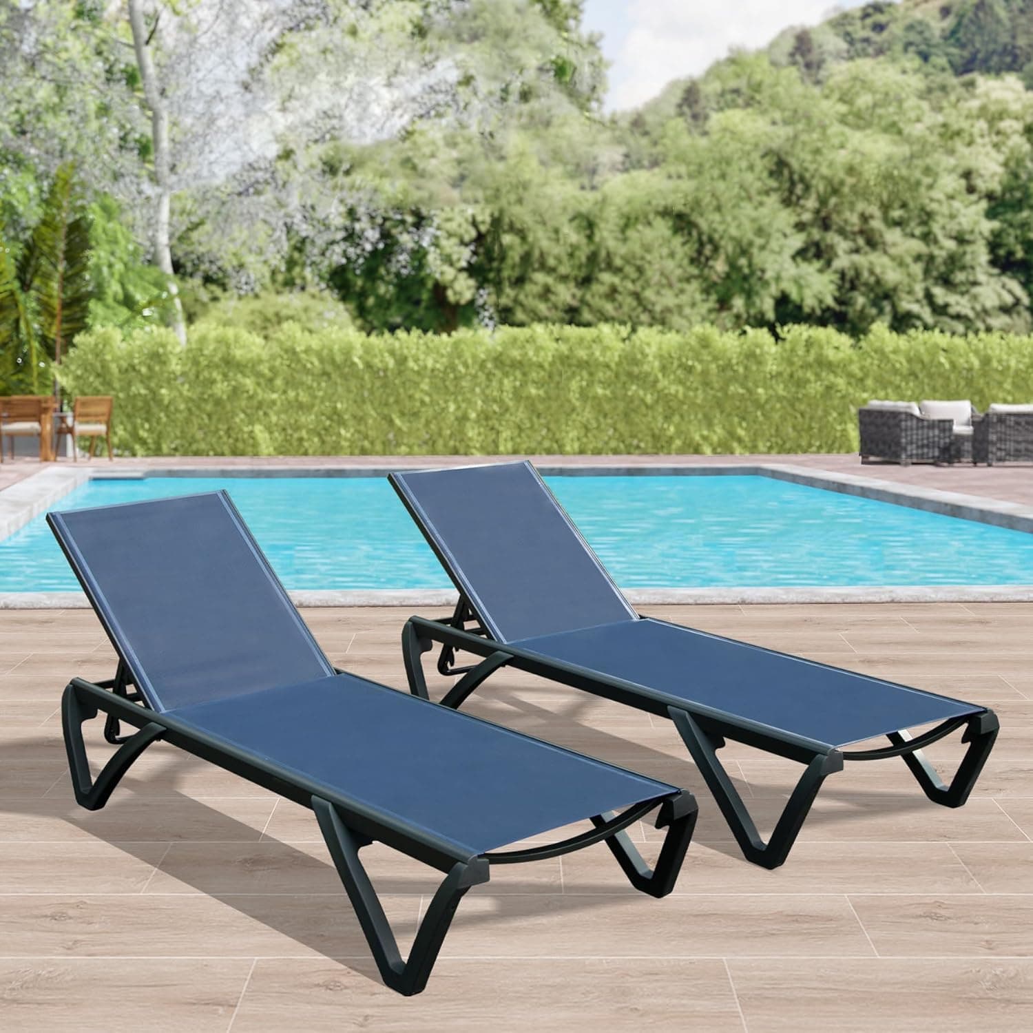 Domi Outdoor Lounge Chair Set of 2, Aluminum Patio Chaise Lounge with 5 Position Adjustable Backrest and Wheels, All Weather Reclining Chair for Patio, Navy Blue