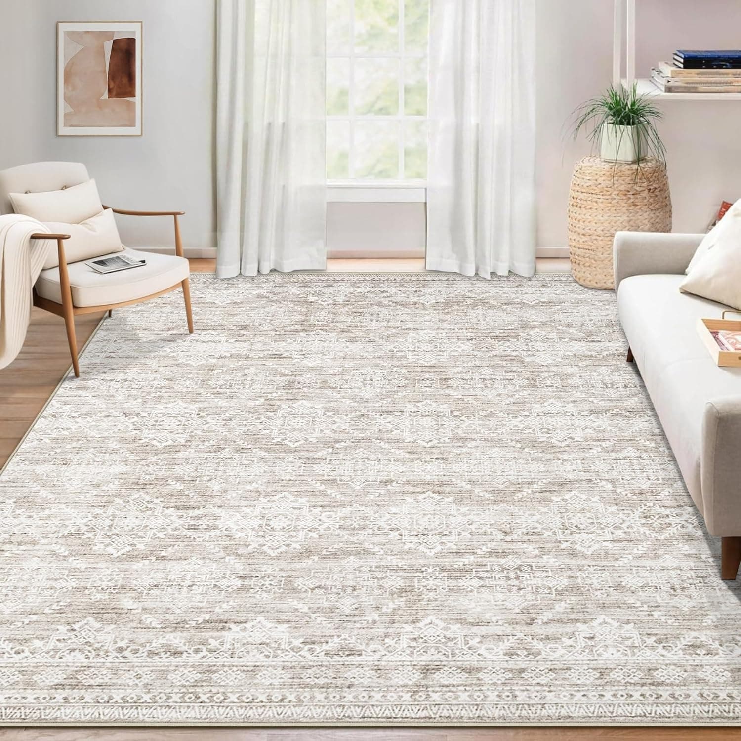 Area Rug Living Room Rugs 5x7 - Large Soft Boho Geometric Rugs, Non-Slip Foldable Washable Area Rug Non Shedding Morden Indoor Floor Carpet for Living Bedroom Office Dining Room(Ivory Mocha,5'x7')