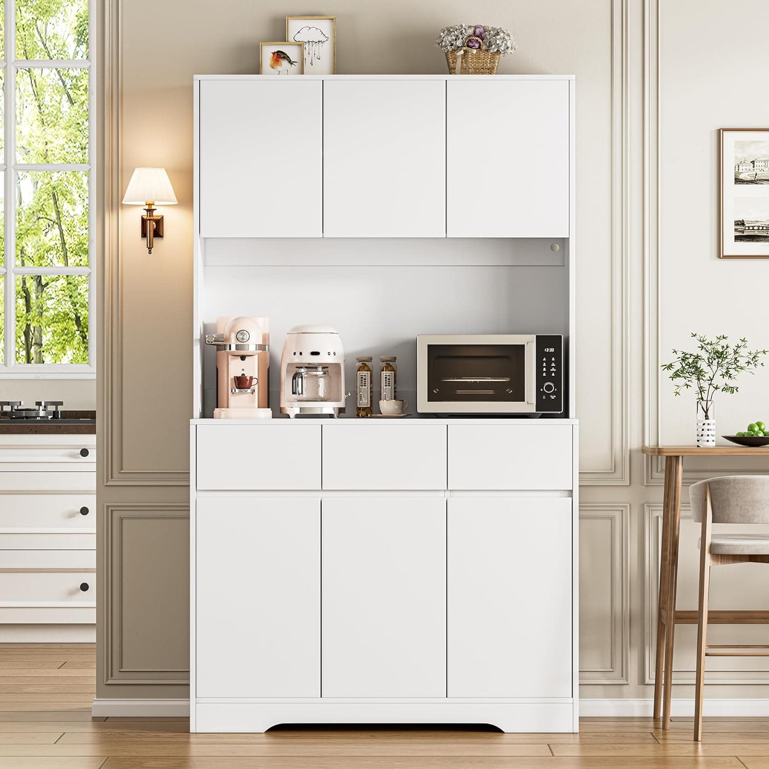 71" Pantry Cabinet with Charging Station and LED Lights, Tall Kitchen Pantry Storage Cabinet with Microwave Stand, Modern Hutch with Storage Drawers for Dining Room, Living Room, White