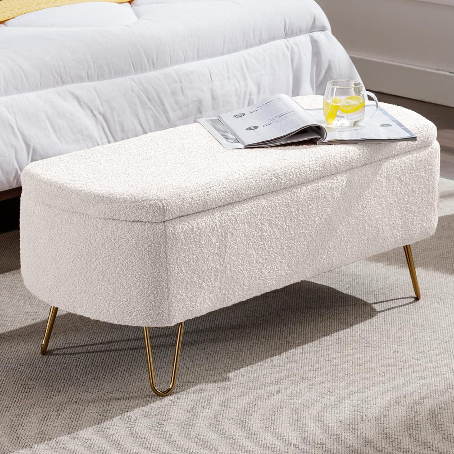 Modern Storage Ottoman Bench, Vintage Boucle Upholstered Entryway Bench, End of Bed Bench with Gold Legs, Padded Bench with Storage for Living Room, Bedroom, Entryway (Ivory)