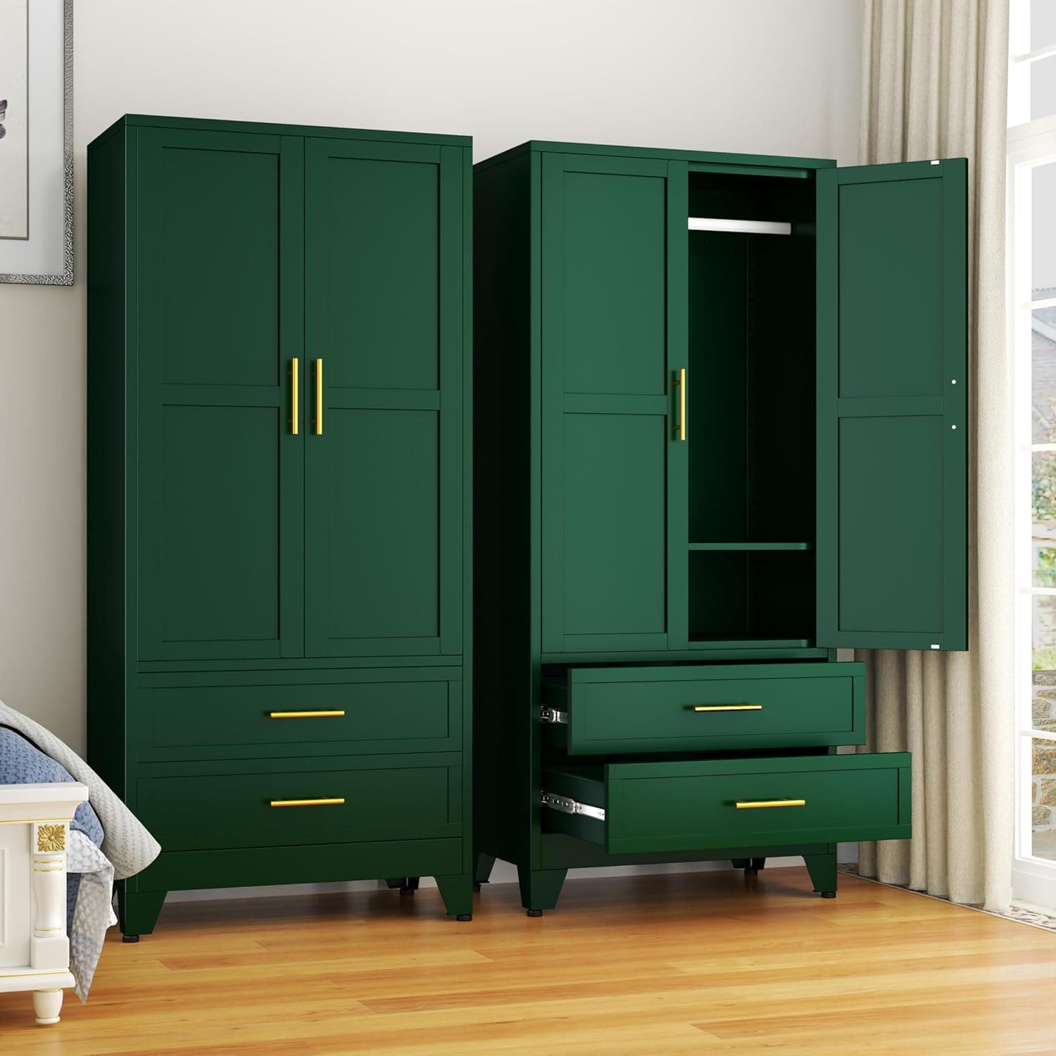 71" Metal Wardrobe Cabinet with 2 Doors, 1 Adjustable Shelf and 2 Drawers, Metal Clothing Storage Cabinets with Hanging Rod, Armoire Wardrobe Closet for Bedroom, Cloak Room, Gym (Green)