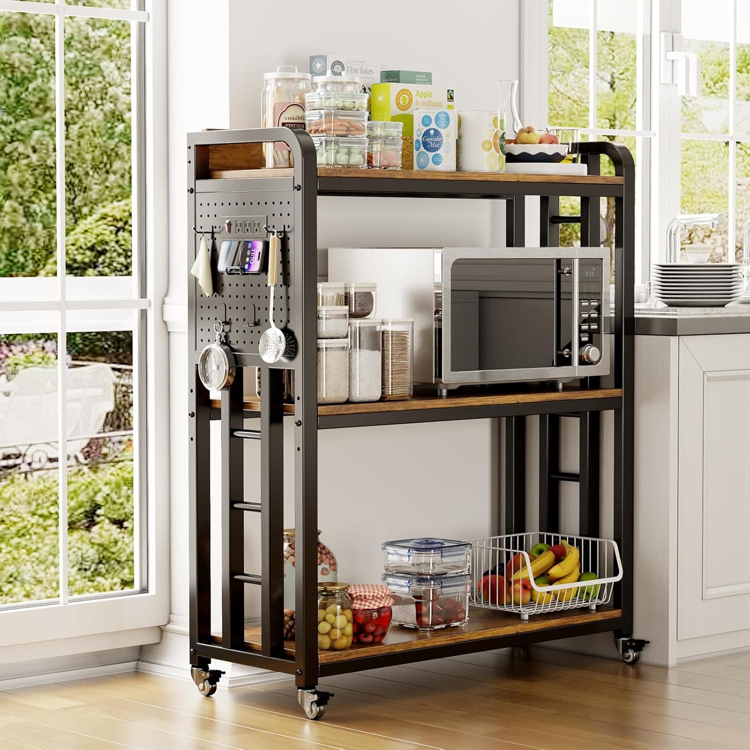 Kitchen Bakers Rack with Power Outlet,With pegboard Bakers Racks, Free Standing Kitchen Storage Shelf Rack, for Living Room, Dining Room, Coffee Bar(Rustic Brown, 15.75x31.5x47)