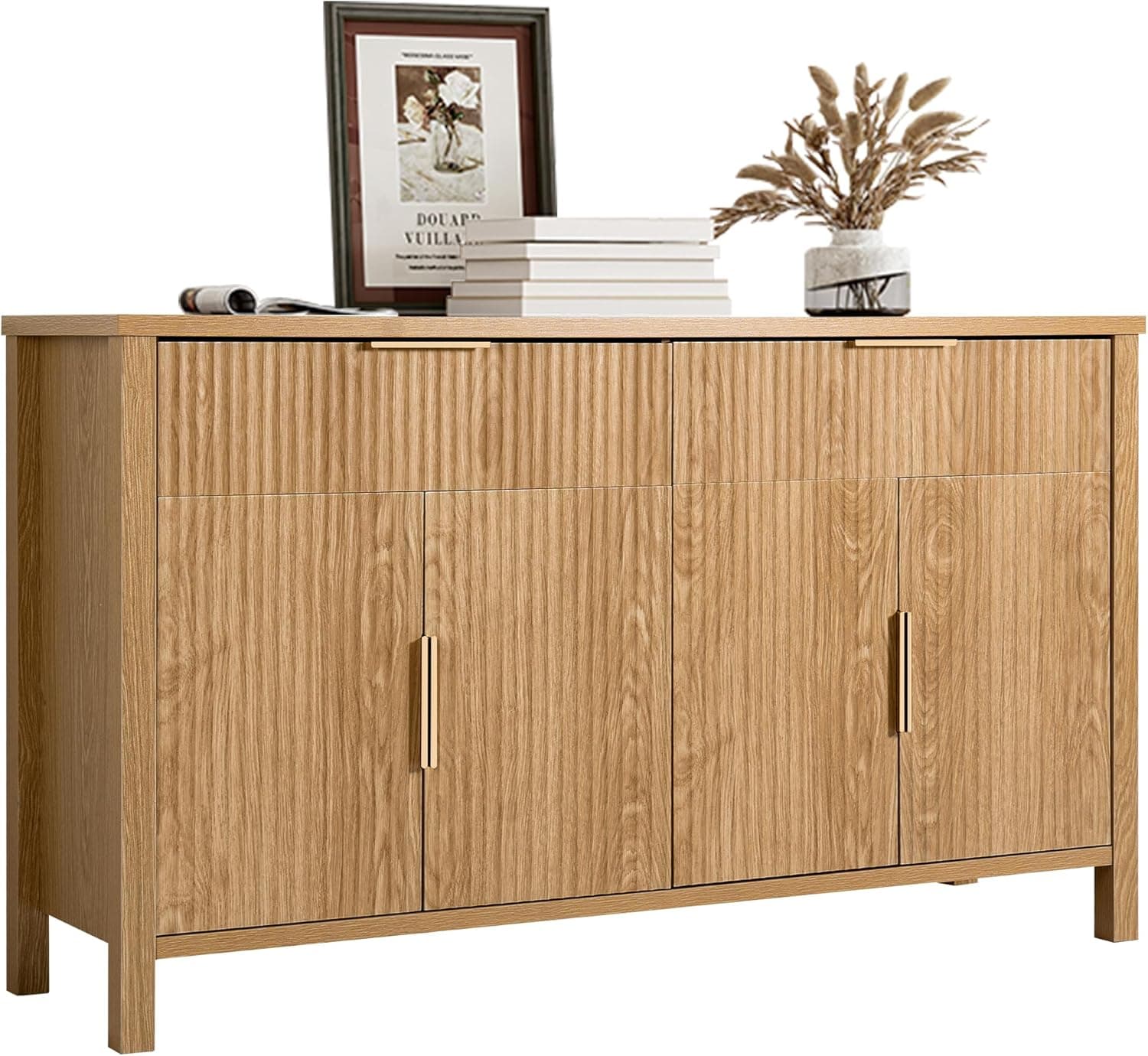 Luxury Fluted Cabinet Sideboard,55'' Large Buffet with Adjustable Shelves,4 Doors & 2 Drawers Wood Coffee Bar Cabinet for Dinning Room, Kitchen, Living Room (Wood)