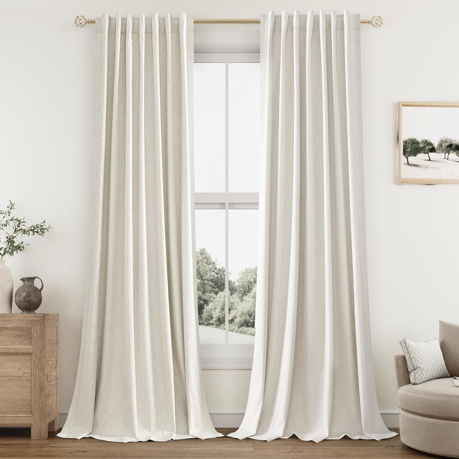 Cream Linen Blackout Curtains 108 Inch Length 2 Panels Set for Living Room Bedroom Back Tab Thermal Insulated 100% Black Out Linen Drapes Room Darkening Window Curtains 108 Inches Long Ivory Natural