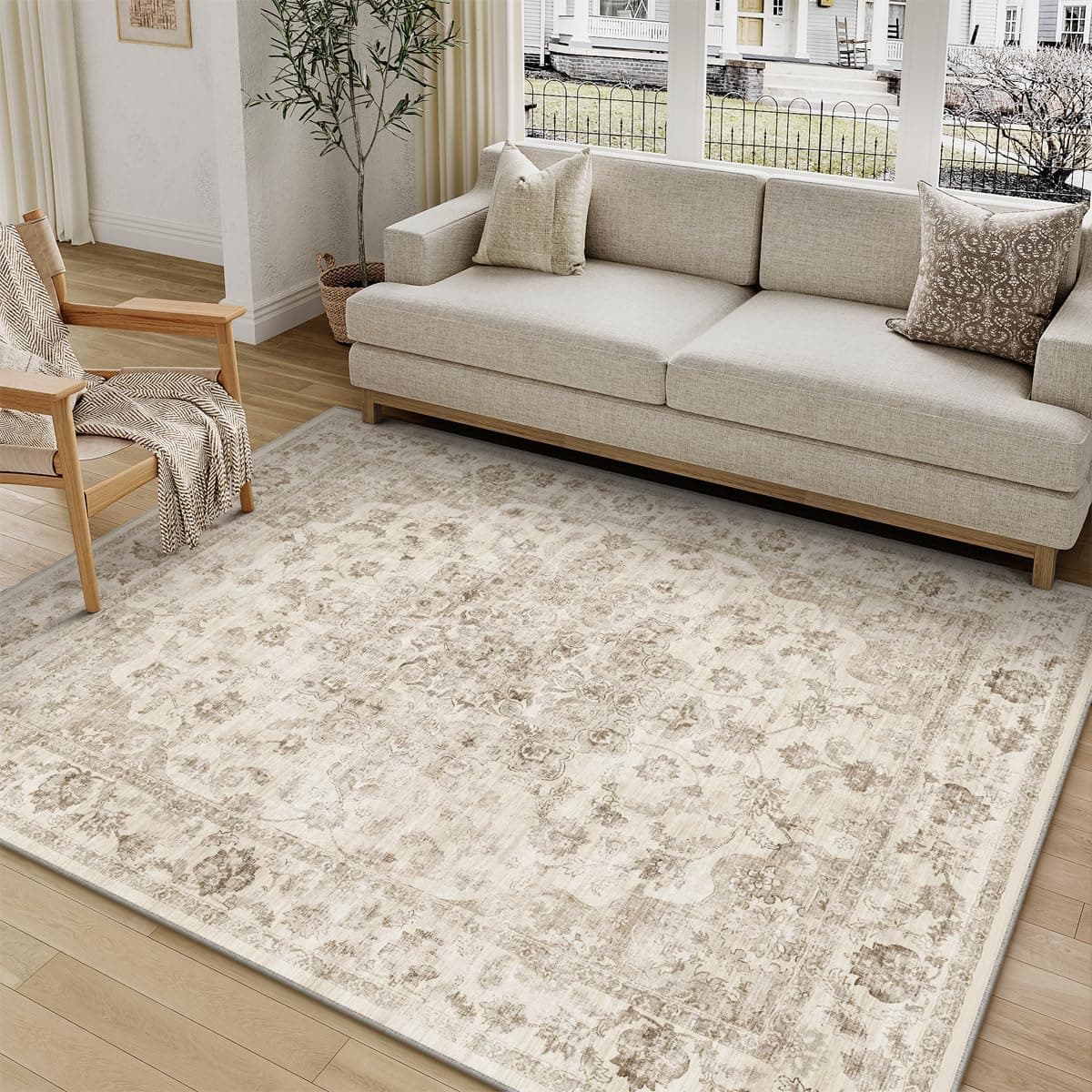 5x7 Washable Neutral Area Rug Beige Floral Living Room Bedroom Carpet Non-Slip Low Pile Vintage Soft Thin Throw Rug for Dining Room Entryway Dorm Office Kitchen Bathroom