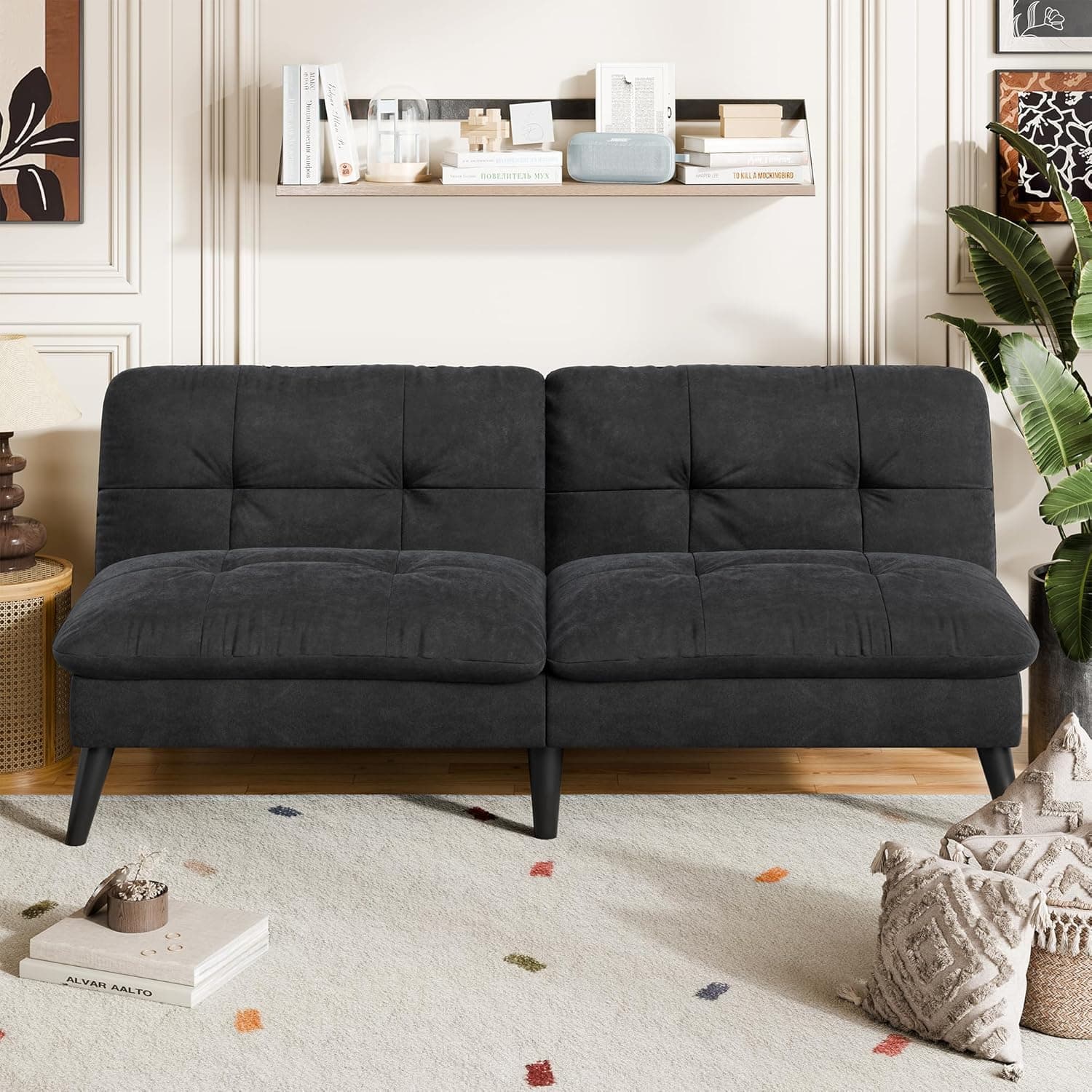 Vongrasig Futon Sofa Bed Velvet Futon Couch with Adjustable Backrest, Small Convertible Folding Sleeper Sofa Bed, Modern Loveseat for Living Room, Bedroom and Small Space, Black