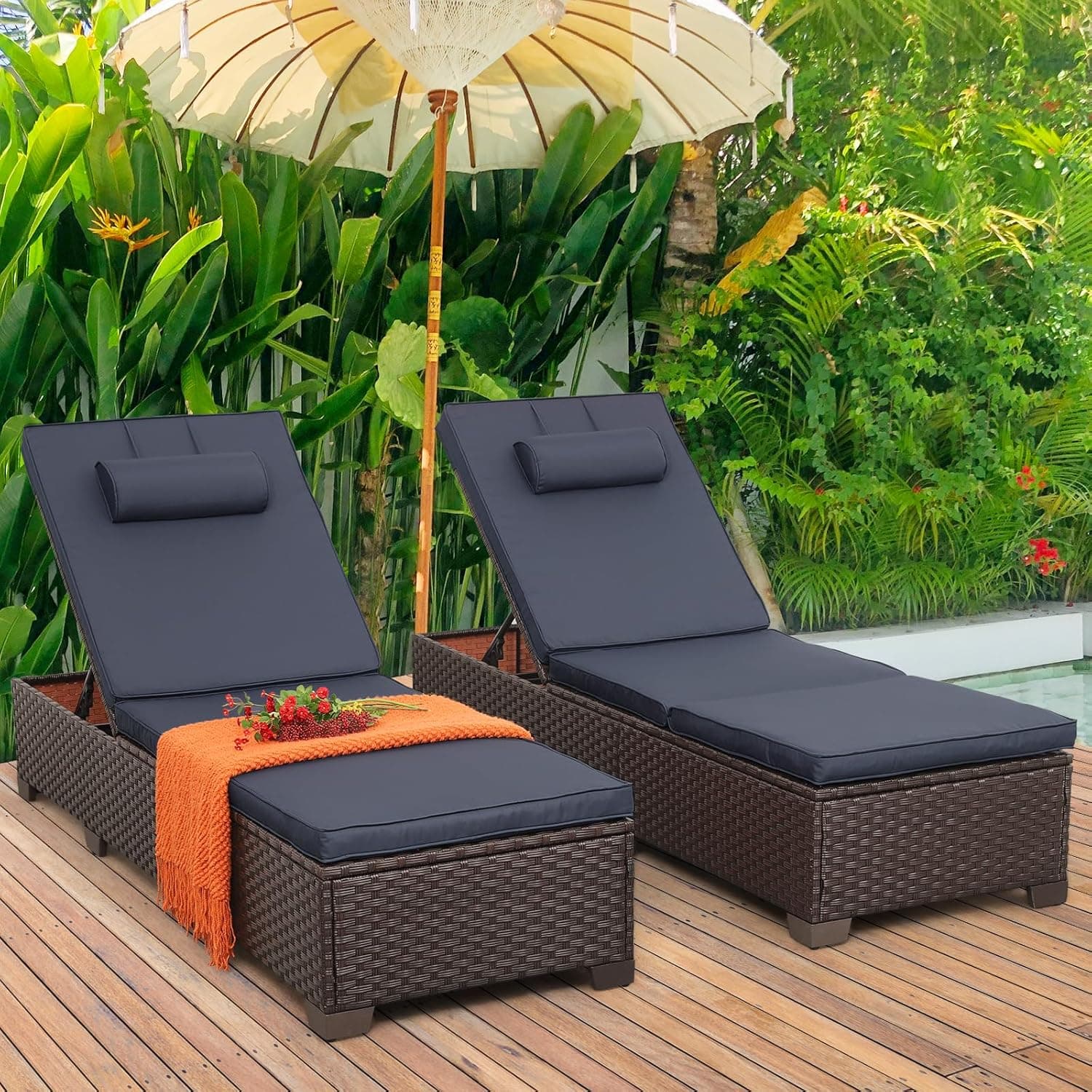 Outdoor Chaise Lounge Set of 2 Brown Wicker Patio Chaise Lounge Chairs Pool Lounge Chairs Multi-Angle Adjustable Backrest with Blue Cushions and Headrest