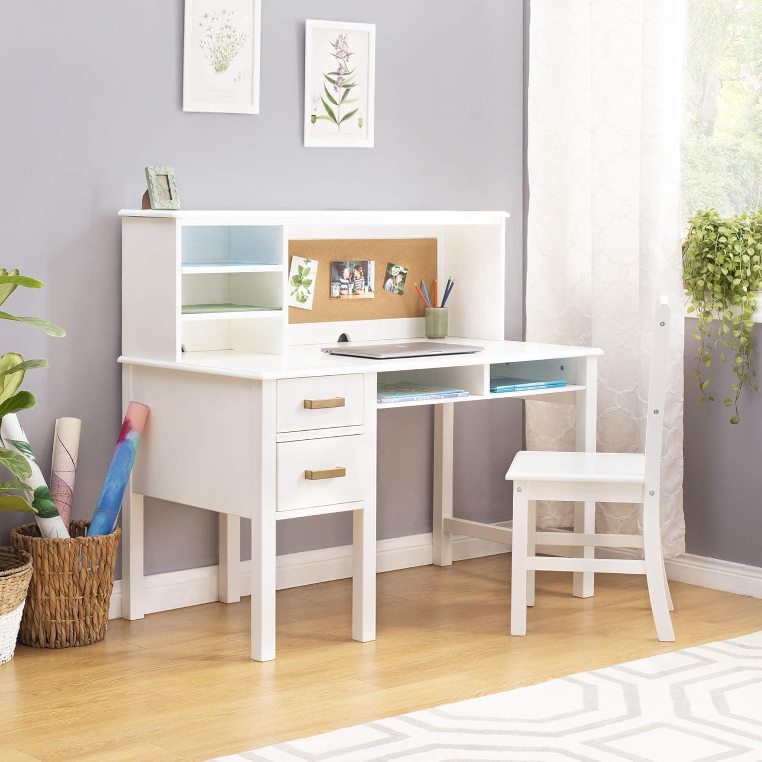 Guidecraft Taiga Kids Desk and Chair Set with Hutch - White: Wooden Study Table & Workstation with Storage Shelves, Drawers and Corkboard | Children's Table and Chair Set for Kids Bedroom Furniture