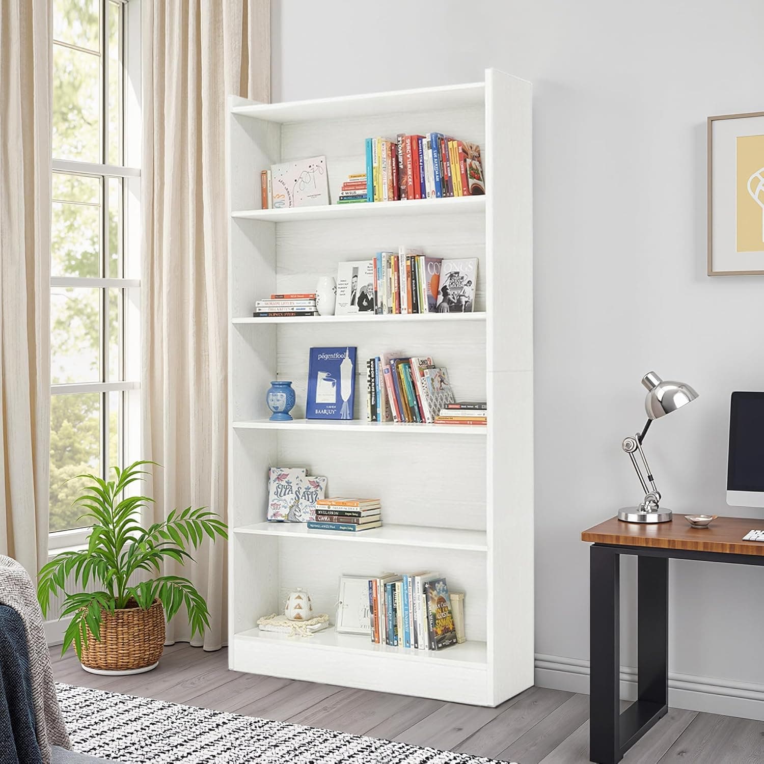 Tall Wood Bookcase, 72" H Wood Bookcase with Back Panel, Modern Freestanding Storage Shelf, 6-Tier Display Storage Shelves for Living Room, Bedroom, Office, White