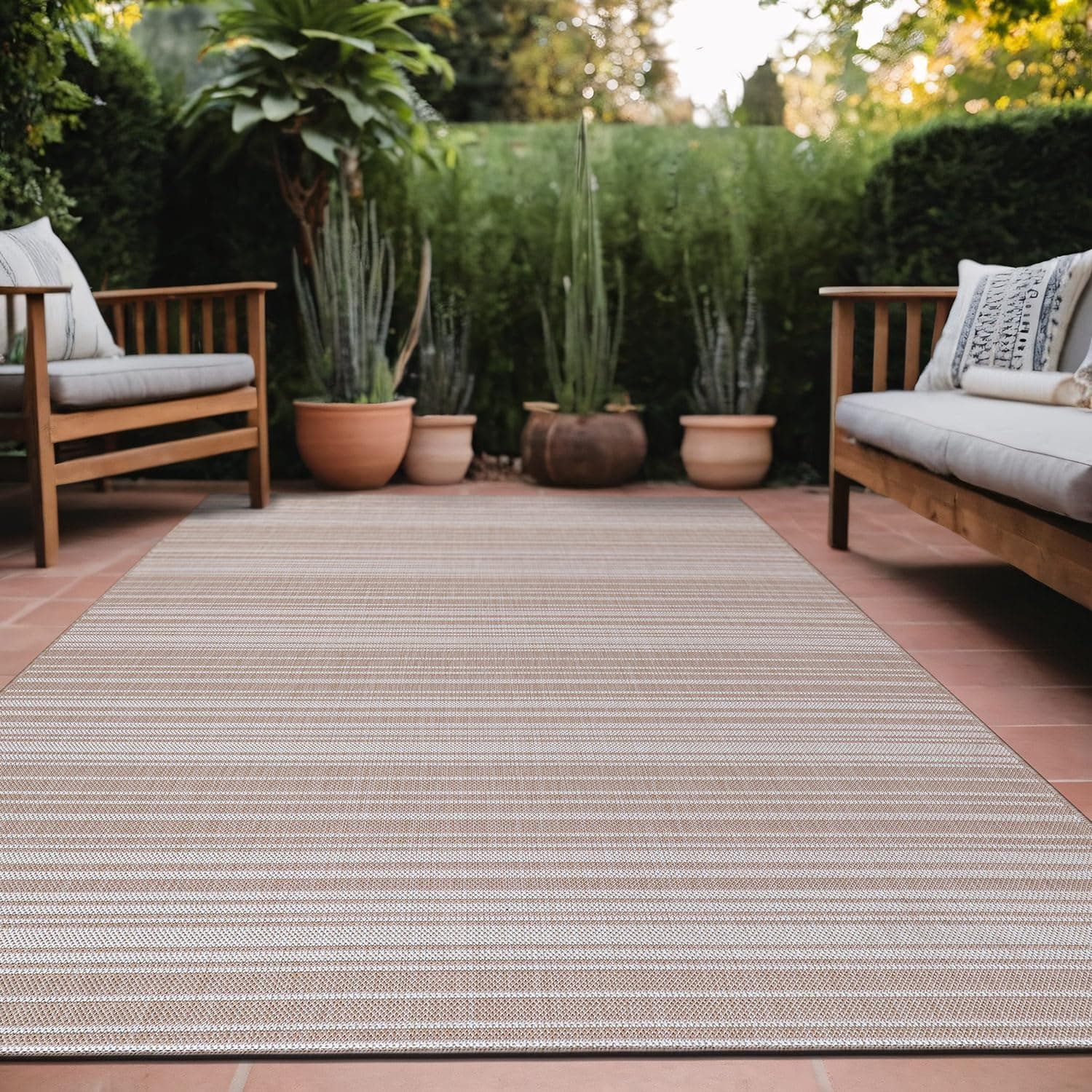 Stripe Outdoor Rug 8x10 Washable Outside Carpet for Indoor Patio Porch Waterproof Easy Cleaning Non Shedding Area Rugs Beige 8 x 10