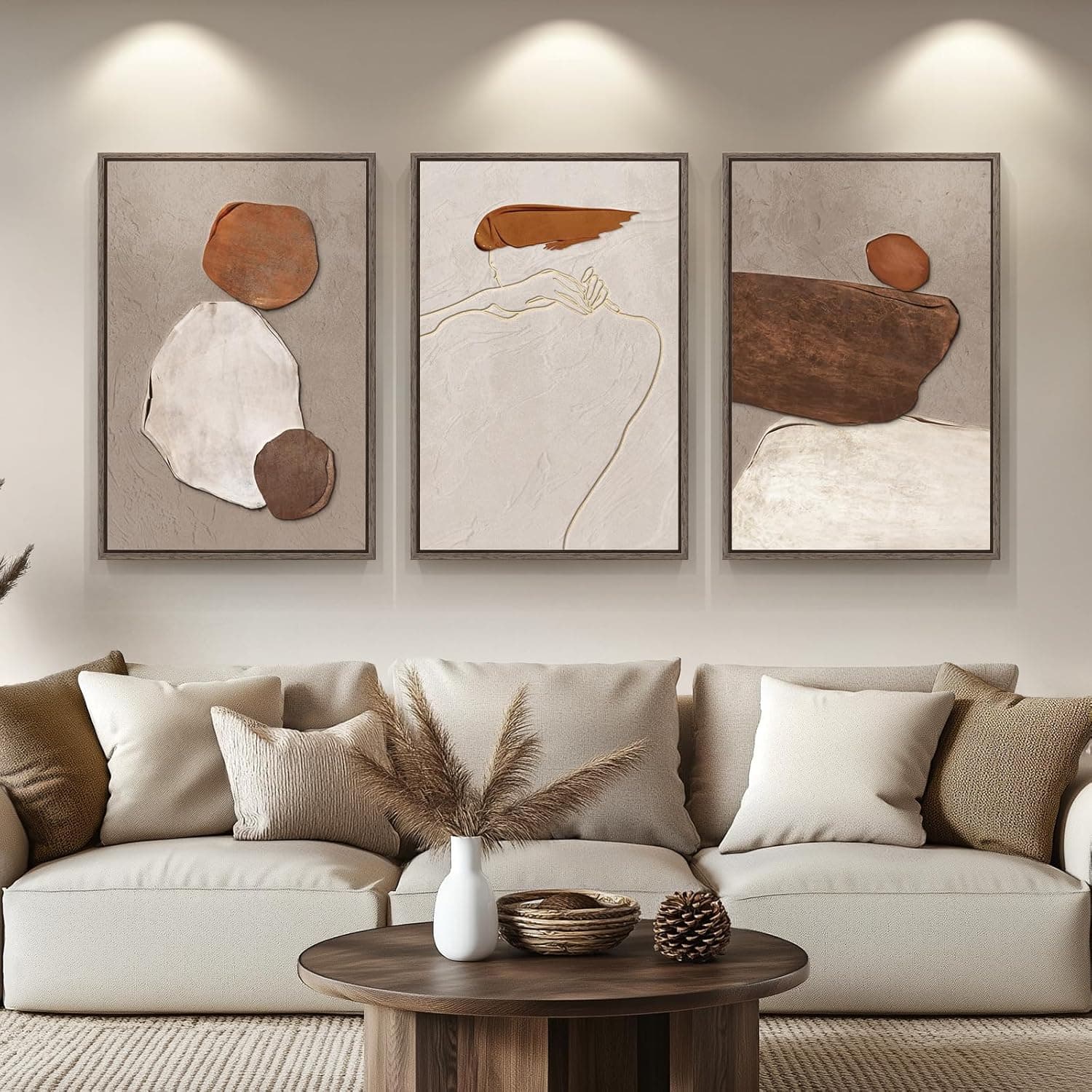 Large Framed Neutral Abstract Wall Art for Living Room, Set of 3 Rustic Canvas Prints Paintings Artwork for Walls, Minimalist Abstract Stone Pictures for Hallway Stair Office Wall Decor 24x36 Inch