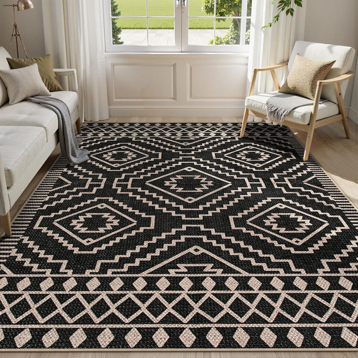 Lahome Moroccan Easy Jute Carpet, 5x7 Washable Rugs for Living Dining Room Indoor Outdoor Patio Rug, Farmhouse Non Slip Non Shedding Natural Black Carpet for Deck Backyard Entryway Classroom