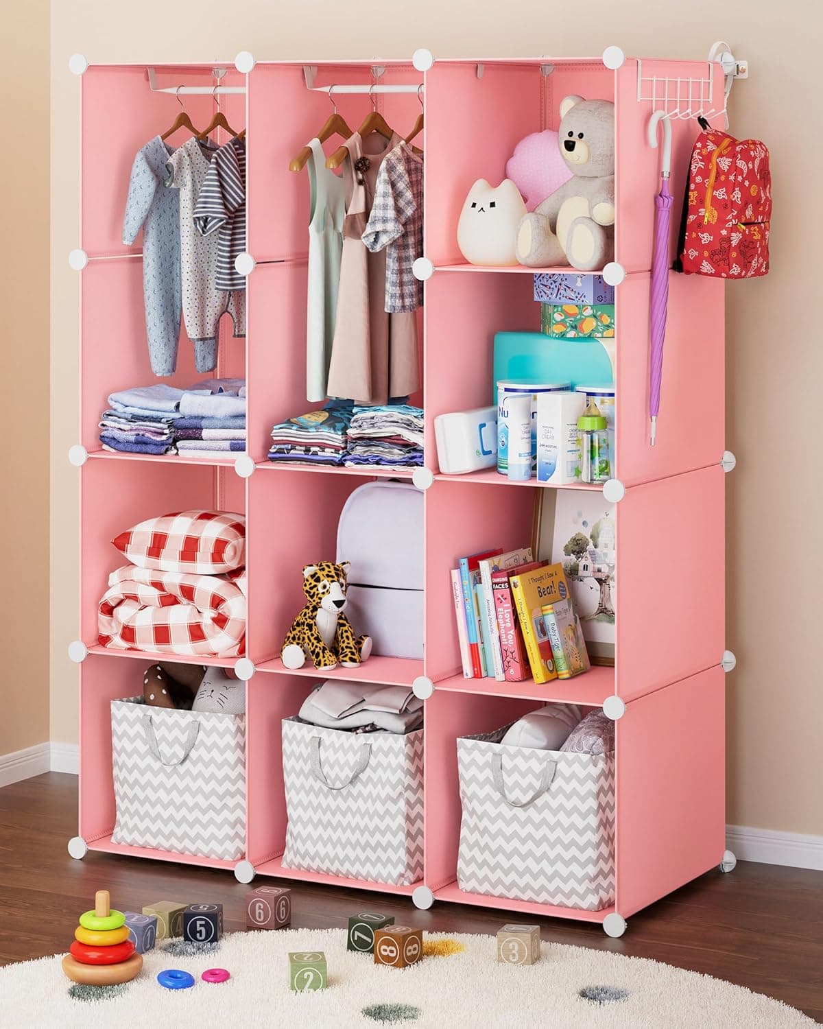 Baby Closet Organizer for Nursery - Durable Baby Wardrobe Armoire for Closet - Customizable Dresser Shelves - Waterproof Shelf Clothes Organizer w/Wall Fixation (Pink)