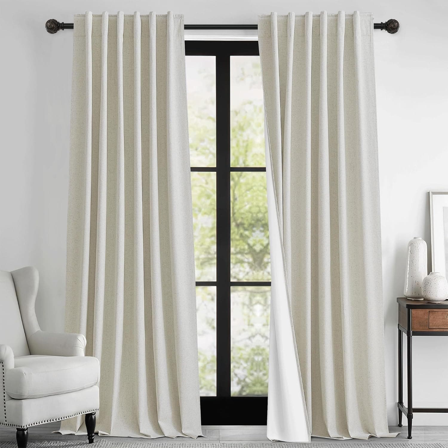 RYB HOME Natural Linen Blended Curtains 84 inch Long 2 Panels Set, 100% Blackout Burlap Look Curtains Drapes, Privacy Window Treatment with White Liner for Living Room Nursery, Natural, W52 x L84 inch