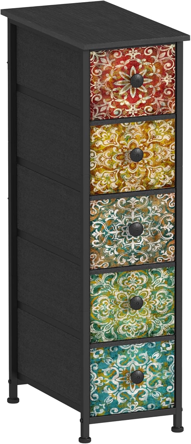 GiftGo Retro Skinny Dresser with Fabric Drawers Thin Slim Boho Mandala Flower Chest of Drawers Narrow Storage Tower for Small Spaces Gaps Bedroom Beautiful Nightstand Living Room Table