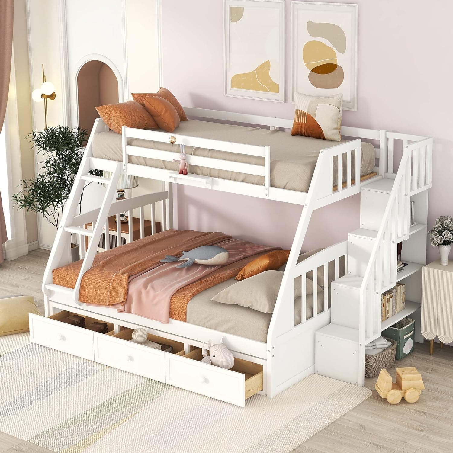 Merax Wooden Twin Over Full Stairway Bunk Bed with Three Storage Drawer, Storage Staircase, Removable Ladder and Safety Guardrail, Convertible to 2 Separated beds, White