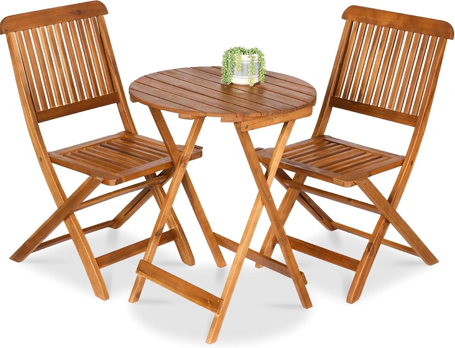 Best Choice Products 3-Piece Acacia Wood Bistro Set, Folding Patio Furniture for Backyard, Balcony, Deck w/ 2 Chairs, Round Coffee Table, Teak Finish - Natural