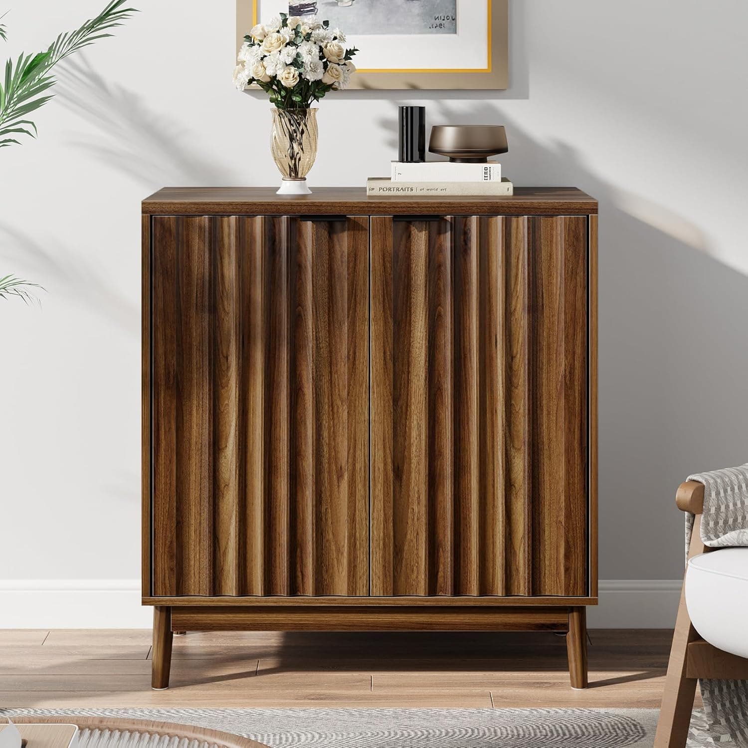 Modern Fluted Sideboard Buffet Cabinet with 2 Wave Carved Doors & Heavy-Duty Design, Coffee Bar Station, Entryway Storage Cabinet for Living Room, Kitchen, Walnut, 31.5“ W