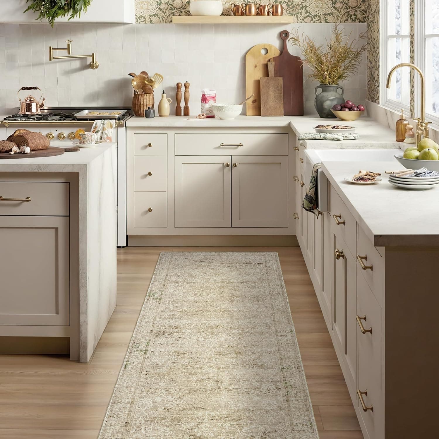 Neutral Farmhouse Hallway Rug Runner 2x6 Washable Non Slip Rubber Backing Vintage Modern Boho Runners Rugs for Entryway Indoor Kitchen Bathroom,Tan Brown and Cream Beige