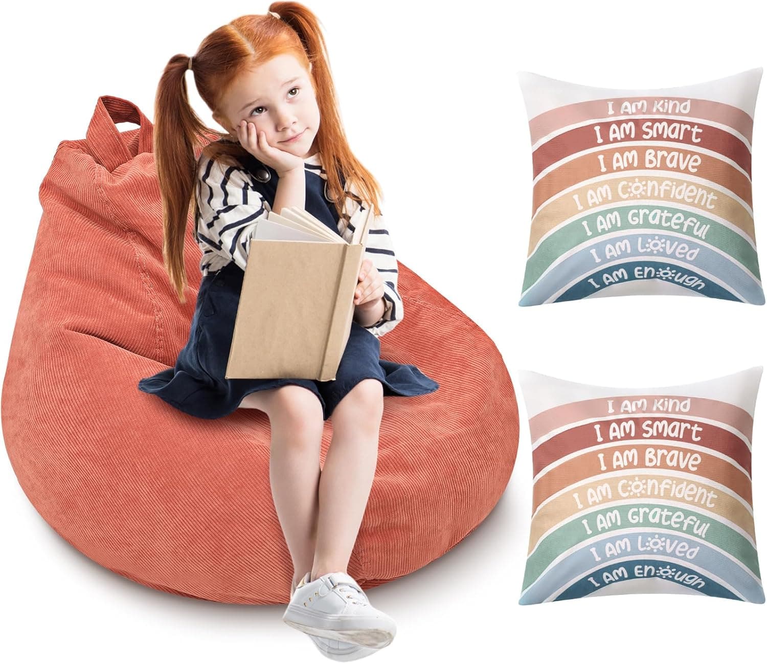 Cozy Corner for Kids Classroom Reading Calming Corner Items Bean Bag Cover and Rainbow Throw Pillow Covers for Nursery Toddler Girls Room Playroom Aesthetic Boho Classroom Decor, No Filler(Dusty Pink)