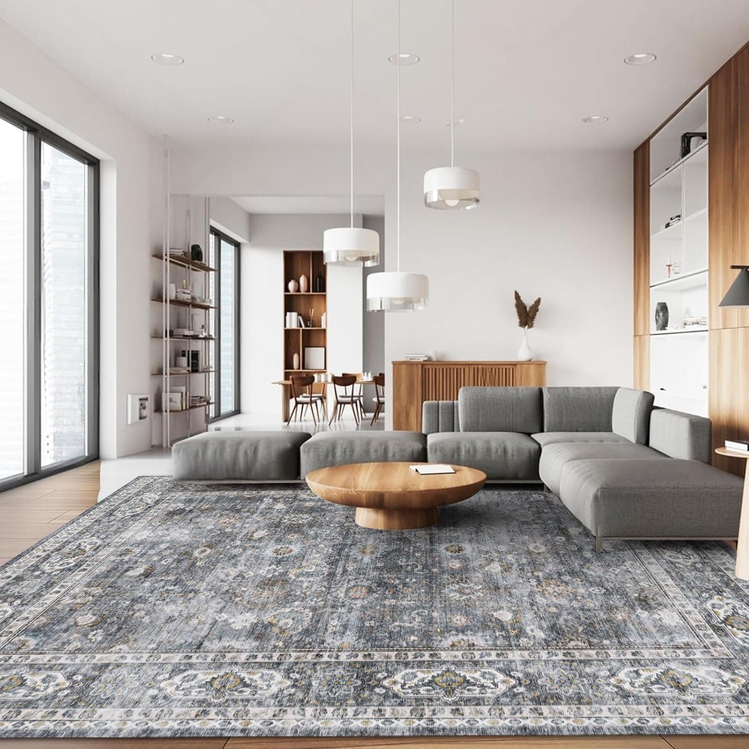 8x10 Rug Washable Boho Rug Soft Large Area Rug Non-Slip Non-Shedding Faux Wool Vintage Rug for Living Room, Farmhouse, Dining Room, Indoor, Kids Playroom (Grey)