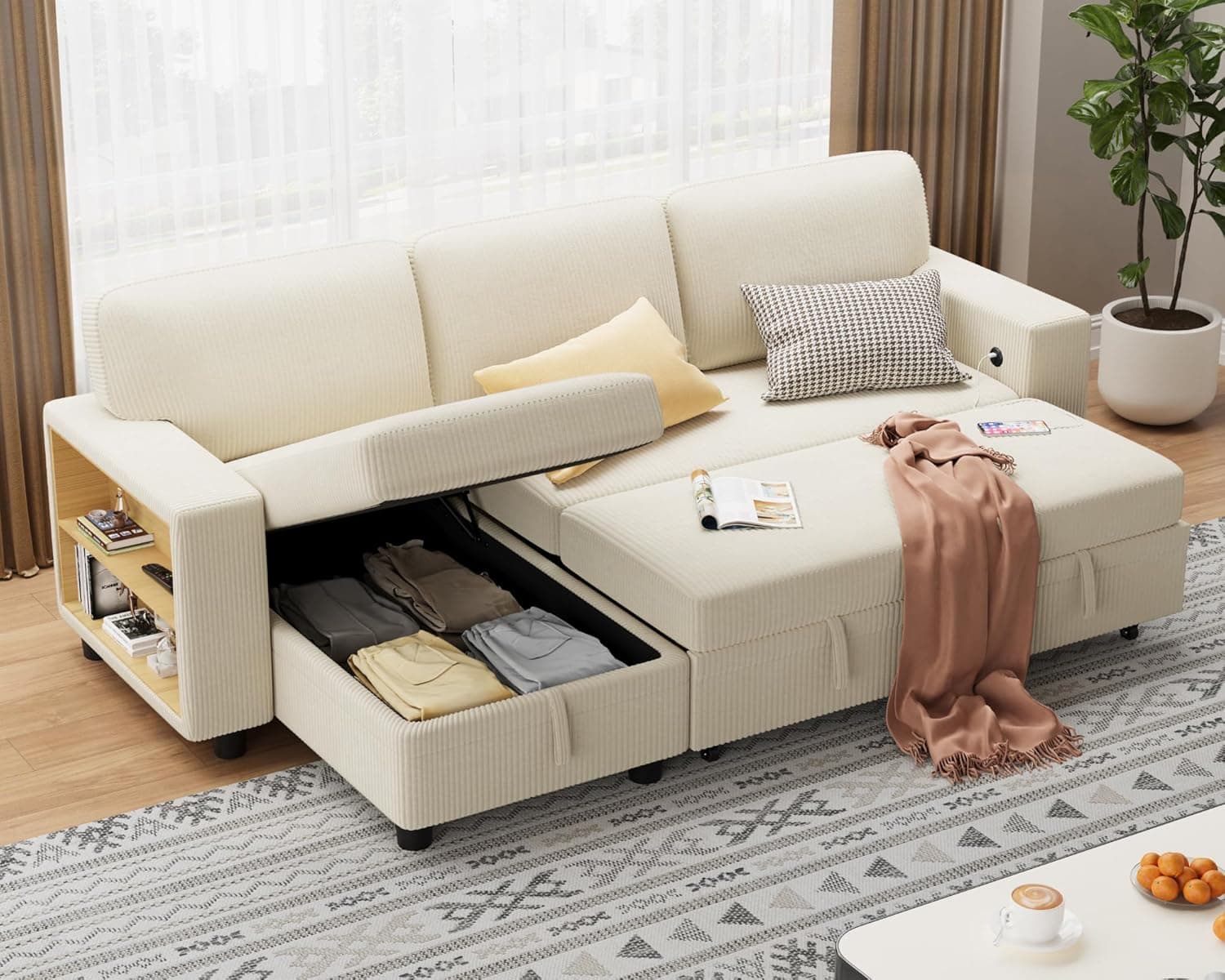 Flamaker 80" Sleeper Sofa, Sofa Bed with Built-in Large Storage and 2 Bookshelves, Convertible Sectional Sofa Couch, Pull Out Couch with USB, Modern Couches for Living Room (Corduroy, Light Beige)