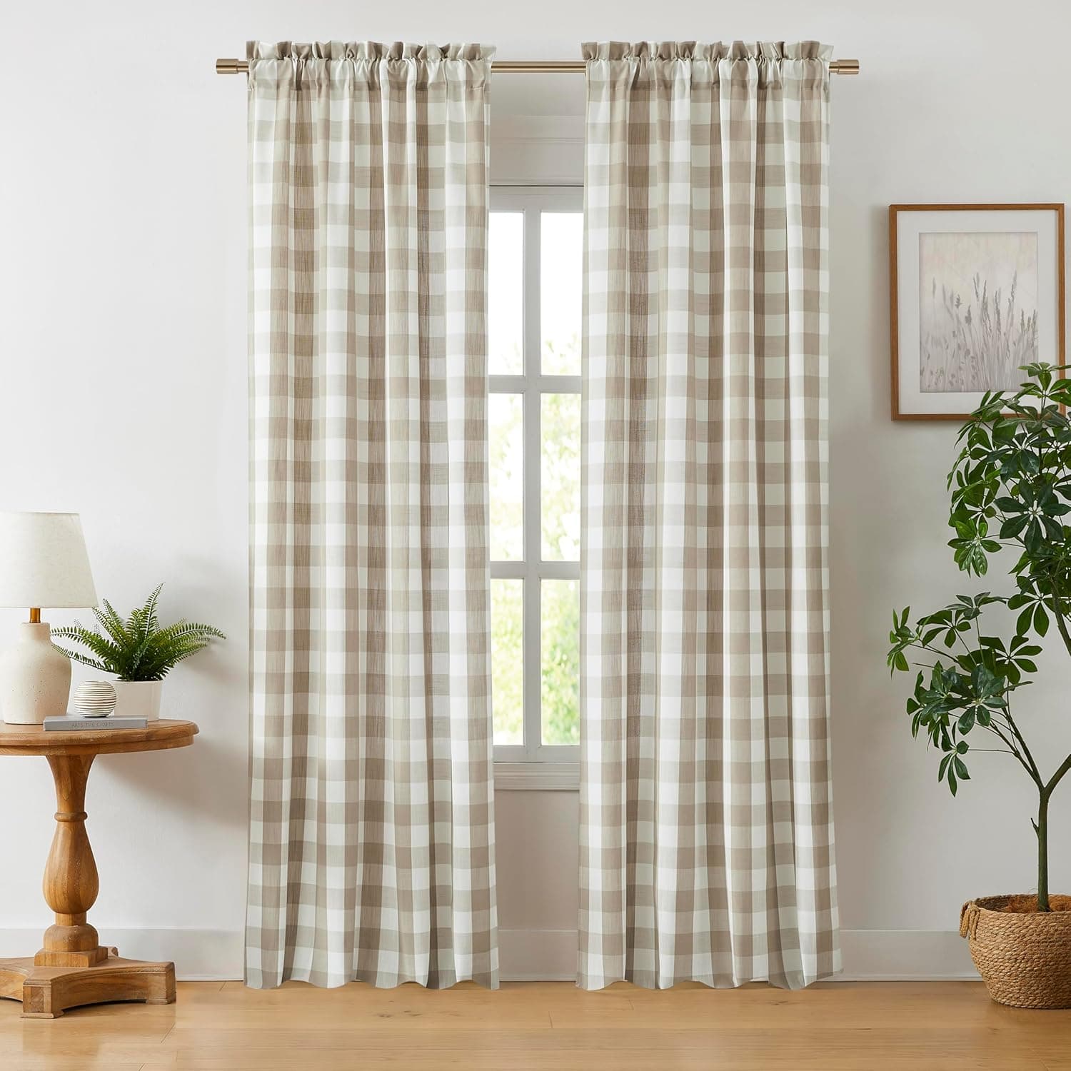 Beige Buffalo Plaid Check Curtain Panels 84 Inch Length,Tan Buffalo Gingham Rustic Farmhouse Style Rod Pocket Window Drapes Treatment for Bedroom Living Room,2 Panels,40" Wx84 L,Beige/White