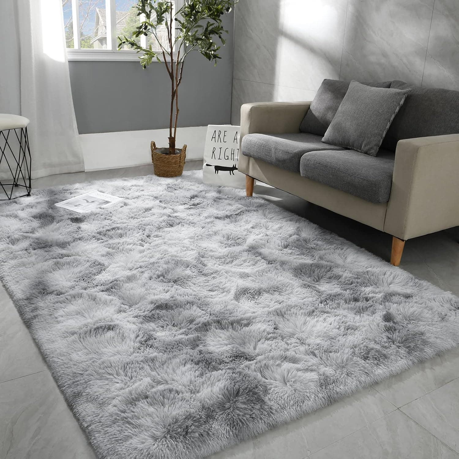 Hutha 6x9 Large Area Rugs for Living Room, Super Soft Fluffy Modern Bedroom Rug, Tie-Dyed Light Grey Indoor Shag Fuzzy Carpets for Girls Kids Nursery Room Home Decor