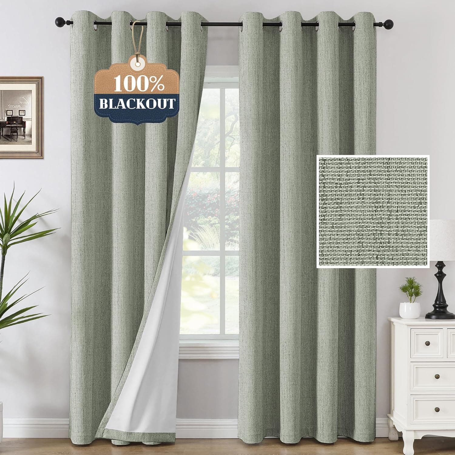 H.VERSAILTEX 100% Blackout Curtains Linen Textured Chenille Curtains Thermal Insulated Curtain 84 Inches Long with White Flocking Coating Back, 2 Panels, Heathered Sage(Not Solid)