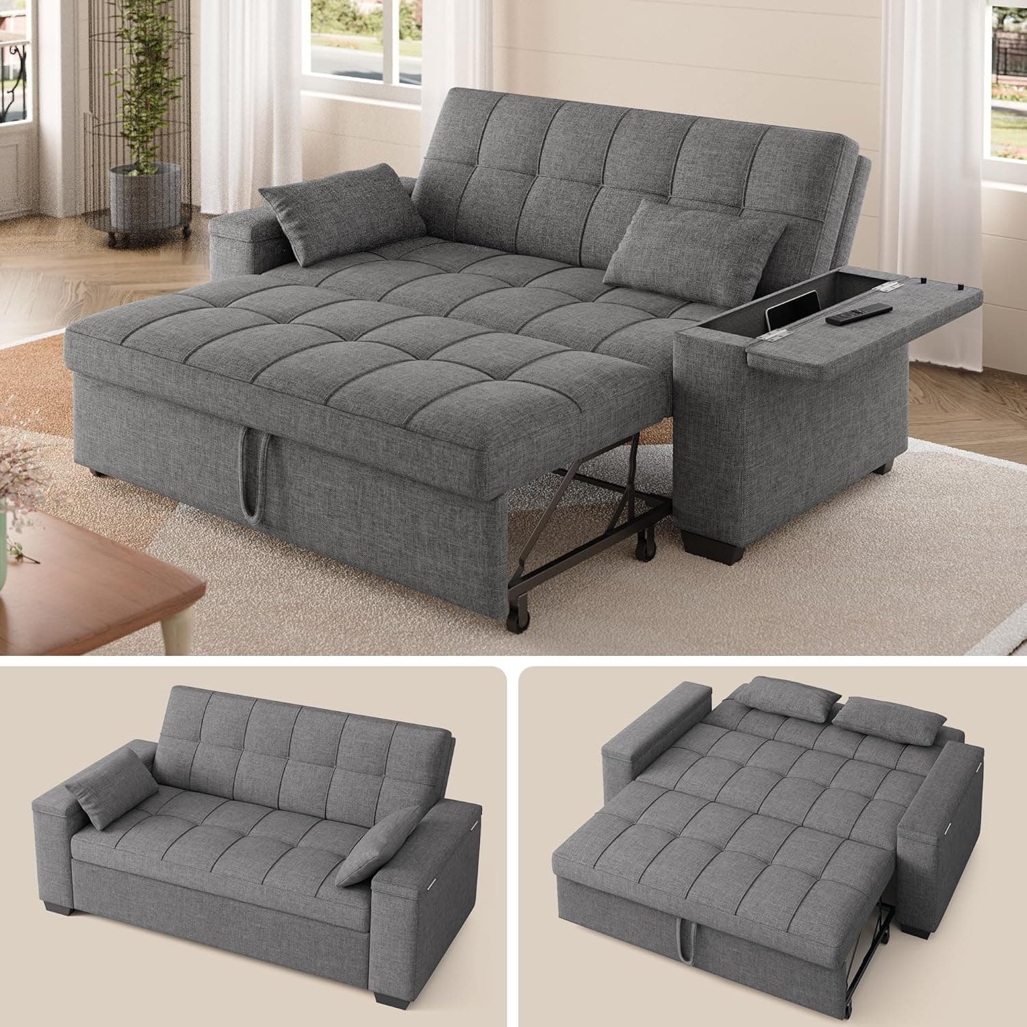 Gizoon Convertible Sofa Bed Futon, Queen Size Sleeper Loveseat with Pull Out Couch, 3 in 1 Linen Fabric Futon Couch with Side Pockets, Storage Armrest & Adjustable Backrest for Living Room, Dark Grey
