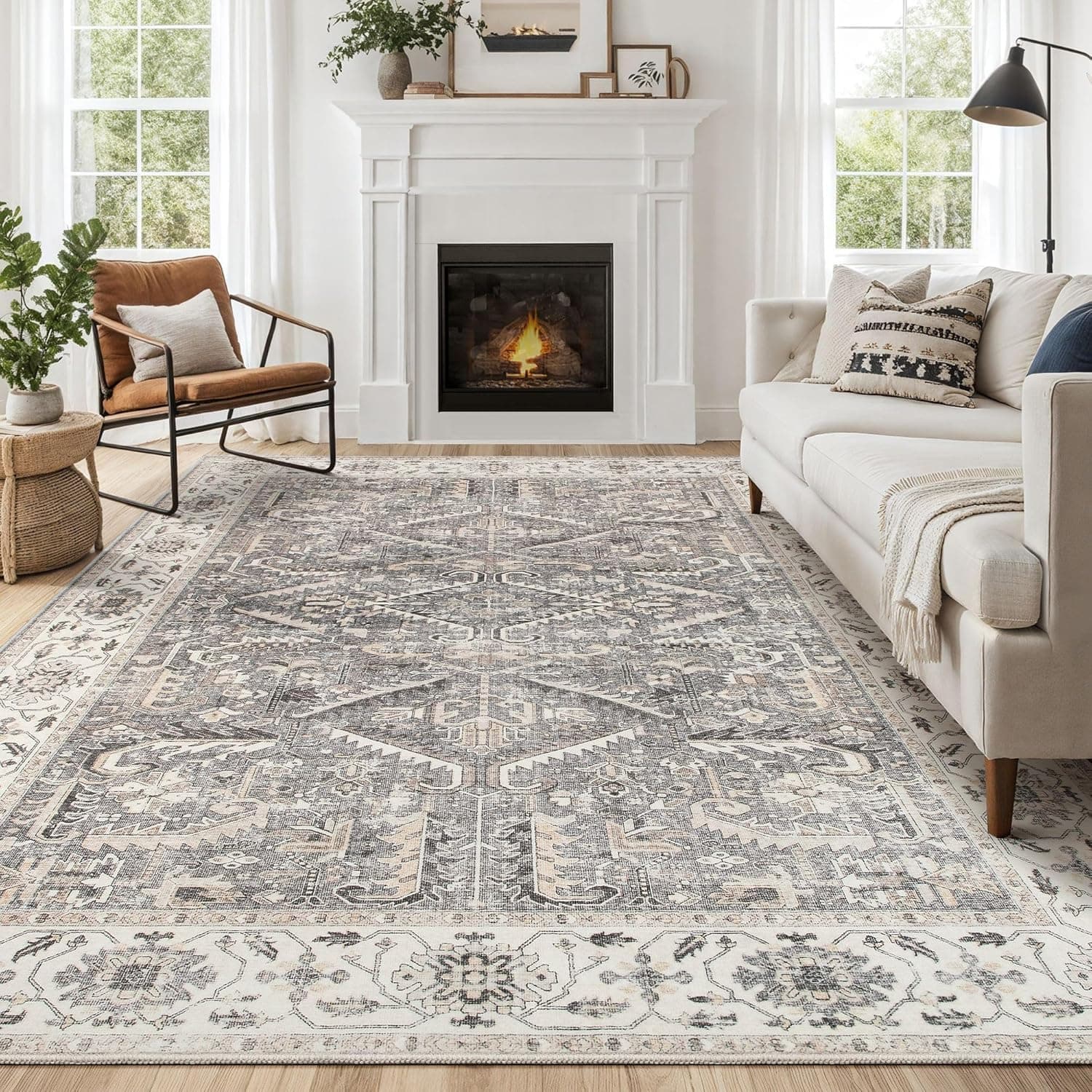 Area Rugs 9x12 for Living Room - Washable Soft Large Vintage Rug Non-Slip Stain Resistant Traditional Stain Resistant Indoor Floor Low Pile Carpet for Bedroom Dining Room or Home Office - Gray