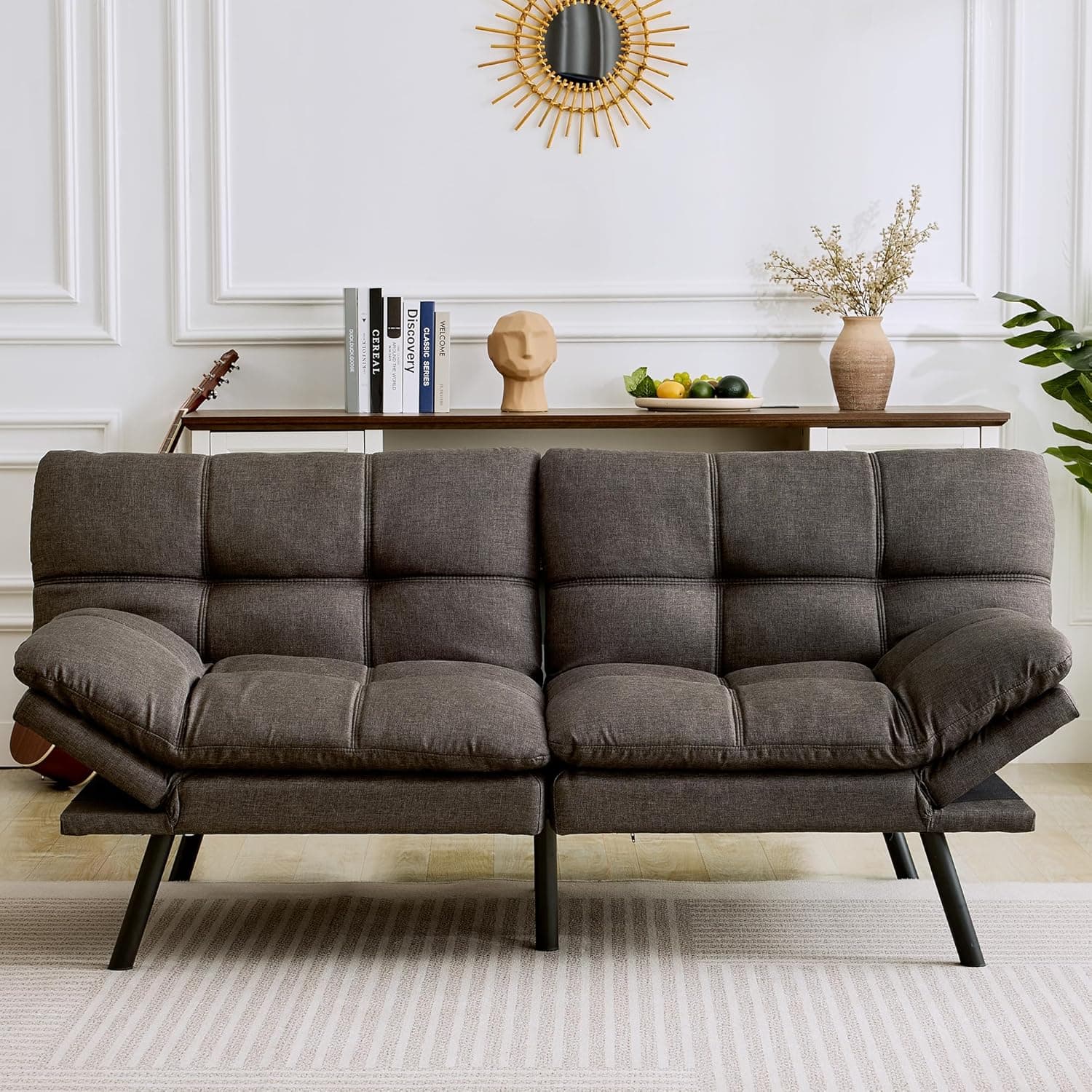 Amazon Basics Futon Sofa Bed, Convertible Memory Foam Sofa Couch Modern Loveseat Sleeper for Small Compact Living Room,Office,Apartment,Dark Grey Linen Fabric