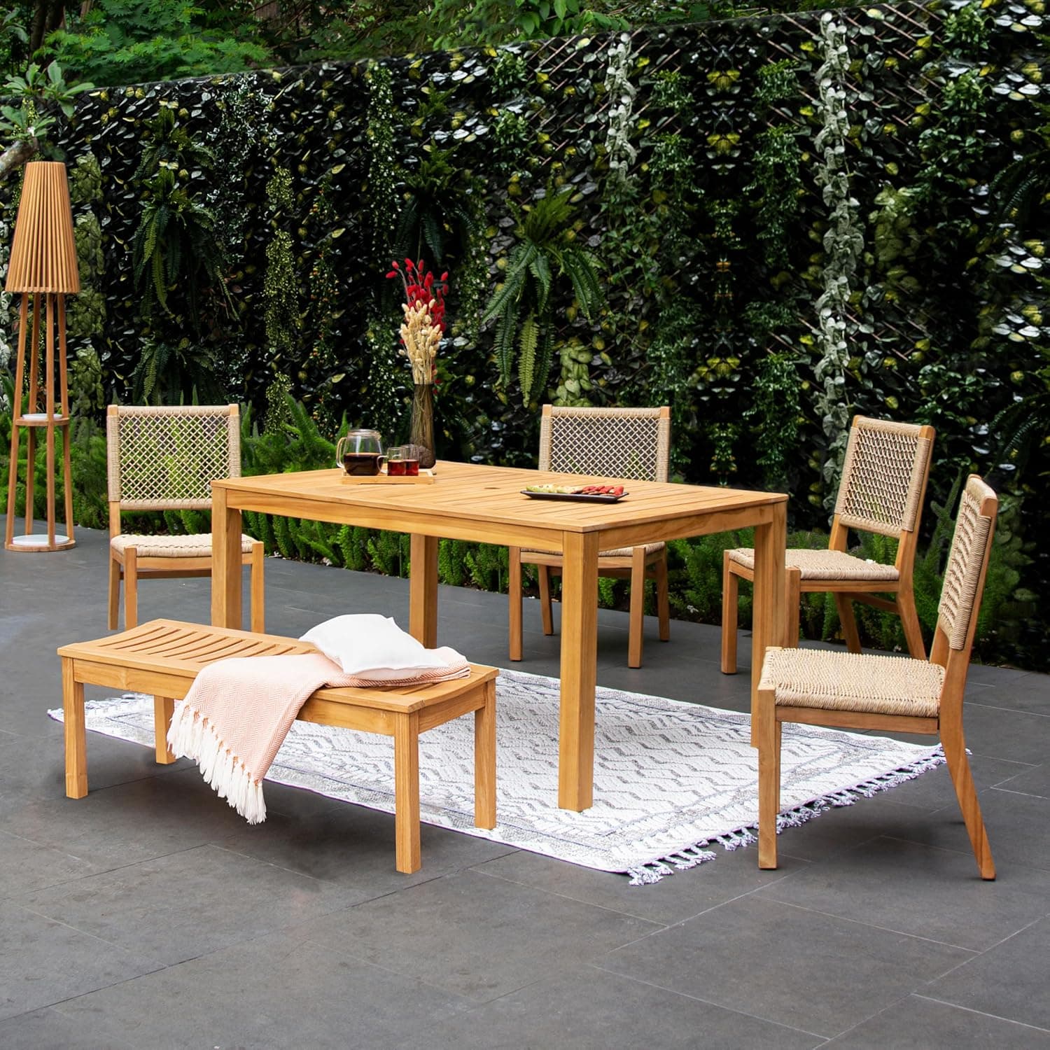 Cambridge Casual Paxton Wood 6-Piece Bench, Natural Teak/All-Weather Wicker Outdoor Dining Set