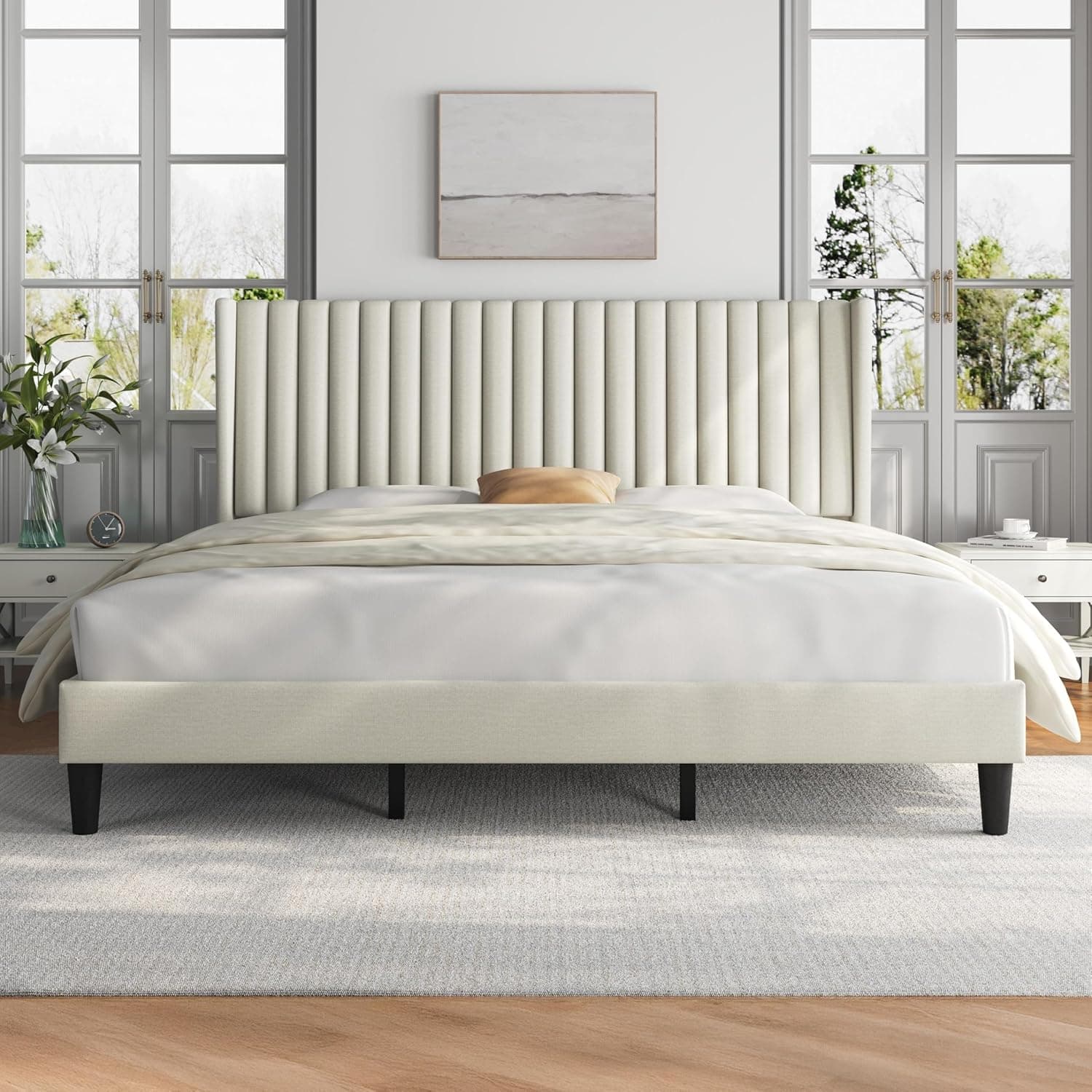 Yaheetech King Bed Frame Upholstered Platform Bed with Fabric Headboard, Wing Edge Design/Non-Slip and Noise-Free/Wooden Slats Support/No Box Spring Needed/Easy Assembly, Beige King Bed