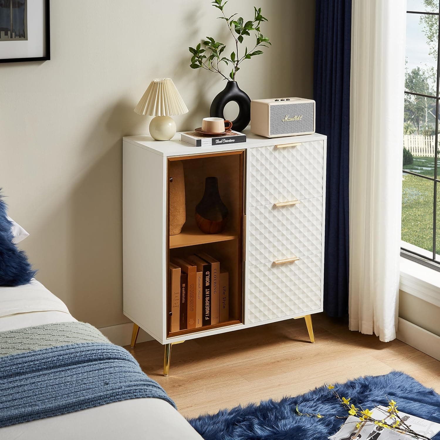 Sleek White MDF & Glass Chest of Drawers - Modern Fashion Style with Aluminum Alloy Frame, Tempered Glass Doors, 3 Drawer Storage, Adjustable Feet - 31.5" L x 15.7" W x 37.6" H