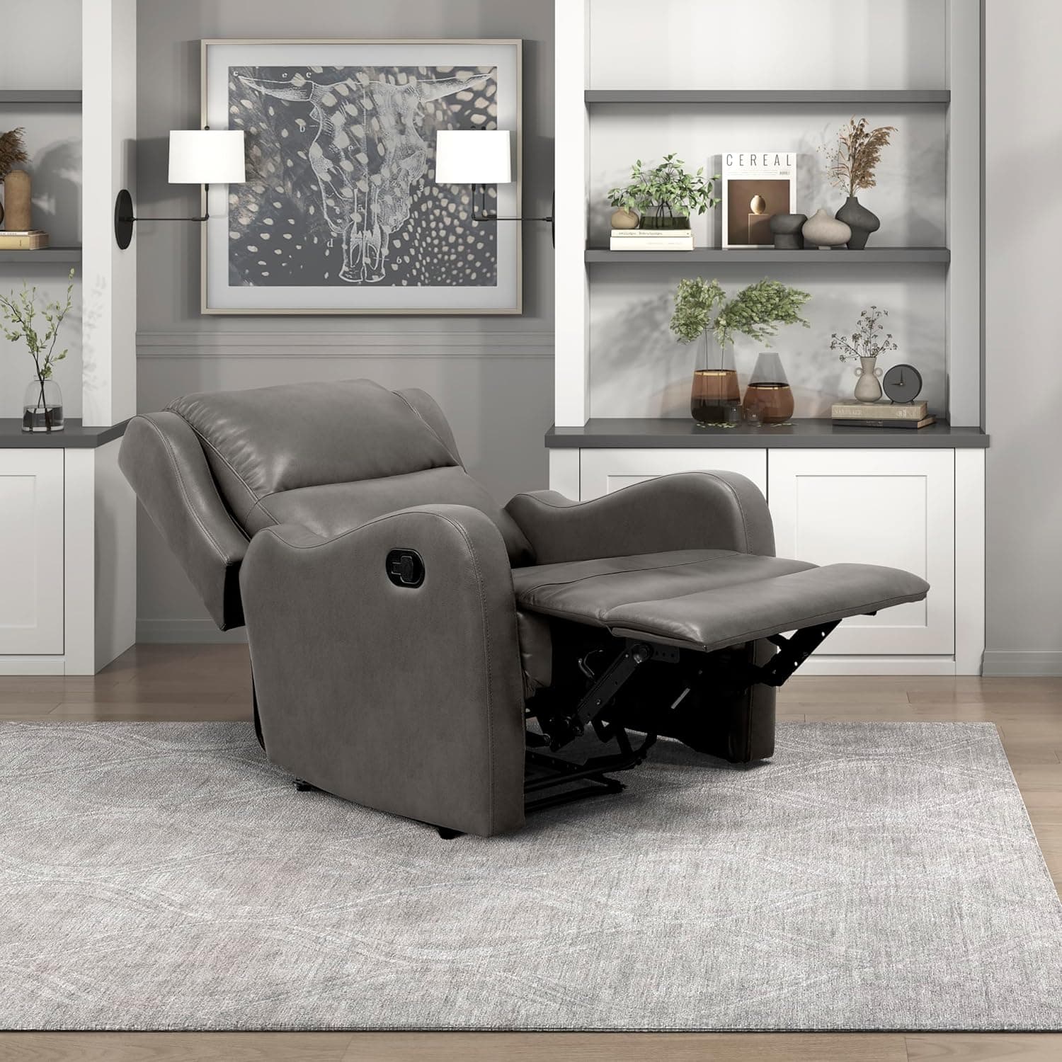 Lexicon Manual Recliner Chair, Reclining Sofa Chair, Home Theater Seating, Wall Hugger, Manual Recliner for Living Room/Office/Apartment, Easy Assembly, Gray Faux Leather