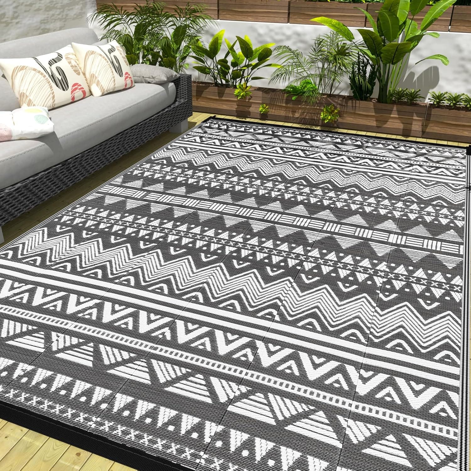 Outdoor Rug 5x7 Waterproof Outdoor Plastic Straw Rugs for Patio Decor, Double Woven Fade Resistant Reversible Porch Rug for Patio Deck Balcony Picnic,Easy Clean, Gray White Stripe Outside RV Camp Mat