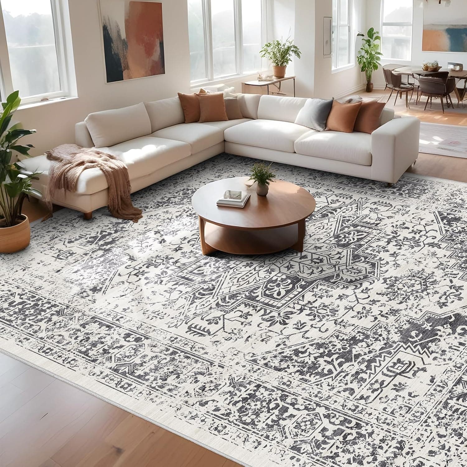 9x12 Large Area Rug - Vintage Washable Rug for Living Room with Non-Slip Low-Pile Traditional Medallion Border Rugs with Stain Resistant Foldable Retro Indoor Thin Rug