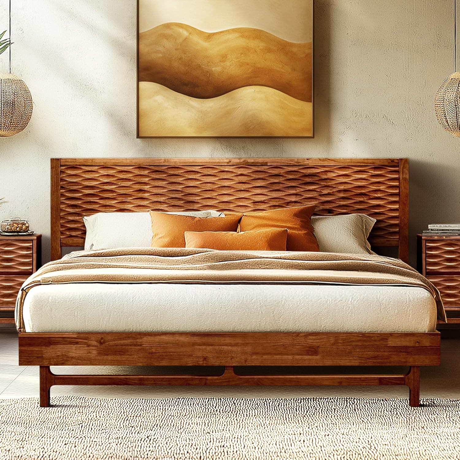 Acacia Elara Queen Platform Bed Frame – Solid Wood Mid-Century Modern Bed with Headboard, Spearhead Grain, Walnut Finish, 800lbs Support, No Box Spring, Easy Assembly with Tools