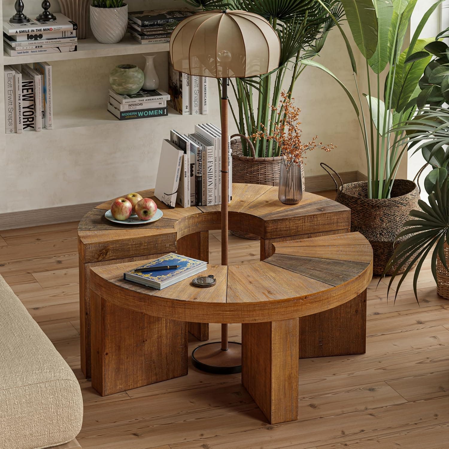 Farmhouse Round Coffee Table Set, Rustic Wooden Coffee Table with 2-Piece Semi-Circular Design, Large Circle Table for Living Room, Natural Wood Color