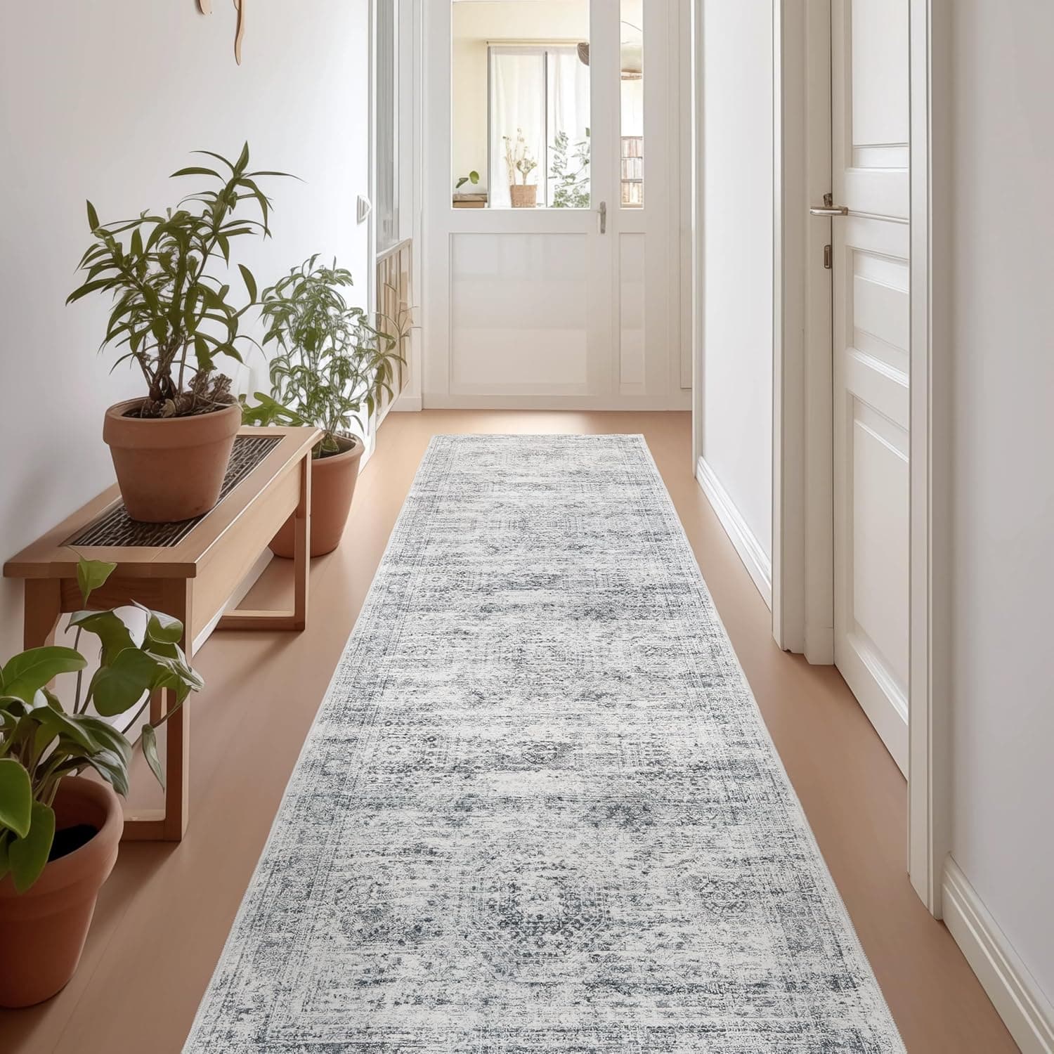 Rug Runners for Hallways Non Slip - 2x8 Runner Rug for Bedroom, Washable Runner with Rubber Backing, Soft Low-Pile Carpet for Kitchen, Laundry, Bathroom (2'x8', Grey/Ivory)