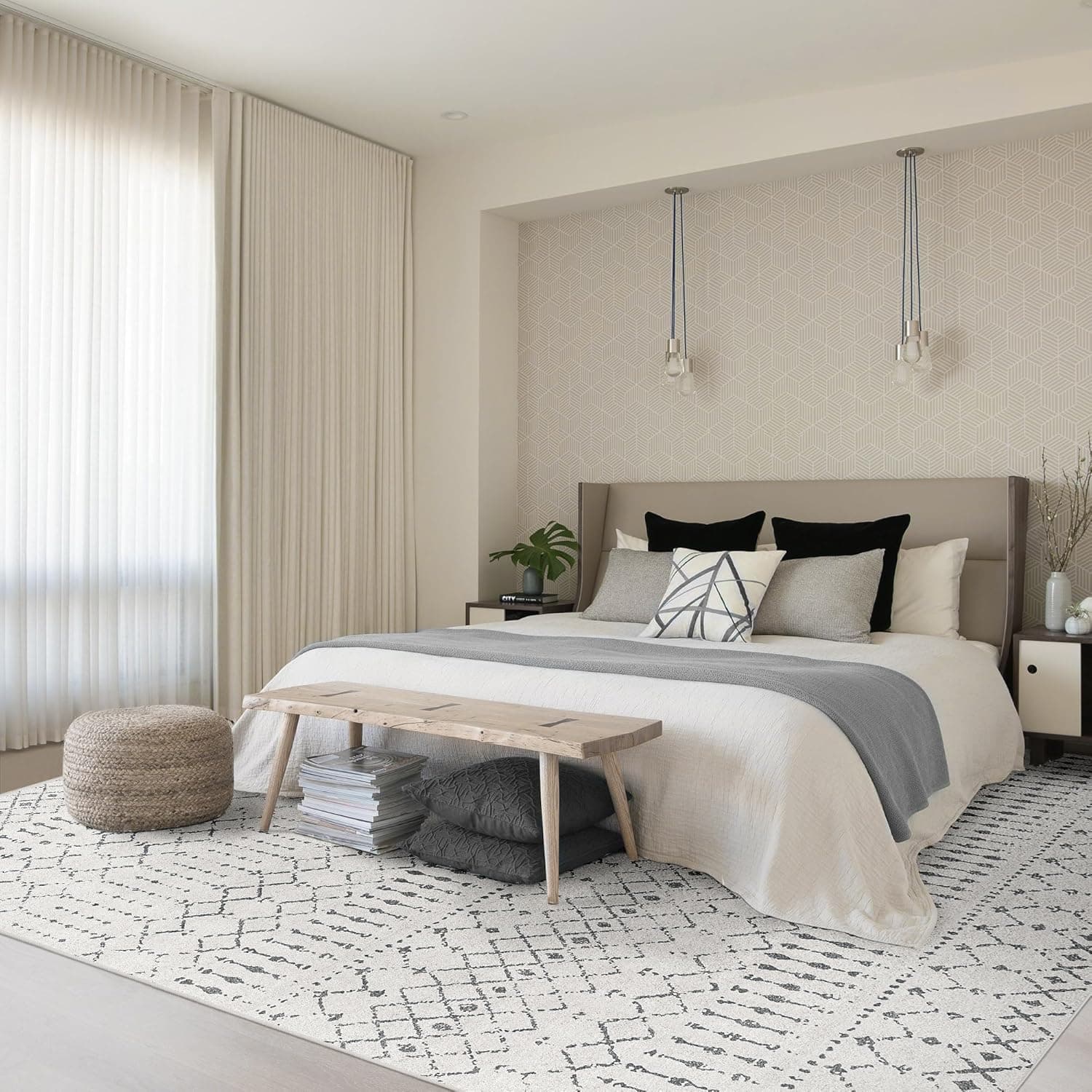 Deerly 8x10 Area Rug Living Room, Boho Moroccan Farmhouse Machine Washable Rugs for Bedroom Home Office, Soft Non Slip Low Pile Indoor Floor Carpet Neutral Rug Large