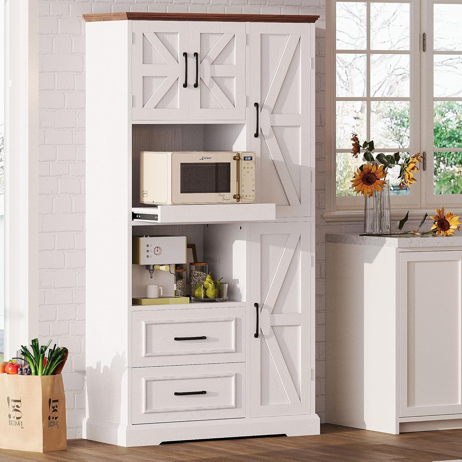 IRONCK Farmhouse Kitchen Pantry Cabinet, Kitchen Hutch with Microwave Stand, Tall Food Pantry Cabinet with Storage Drawers and Adjustable Shelf for Dining Room, Living Room, White