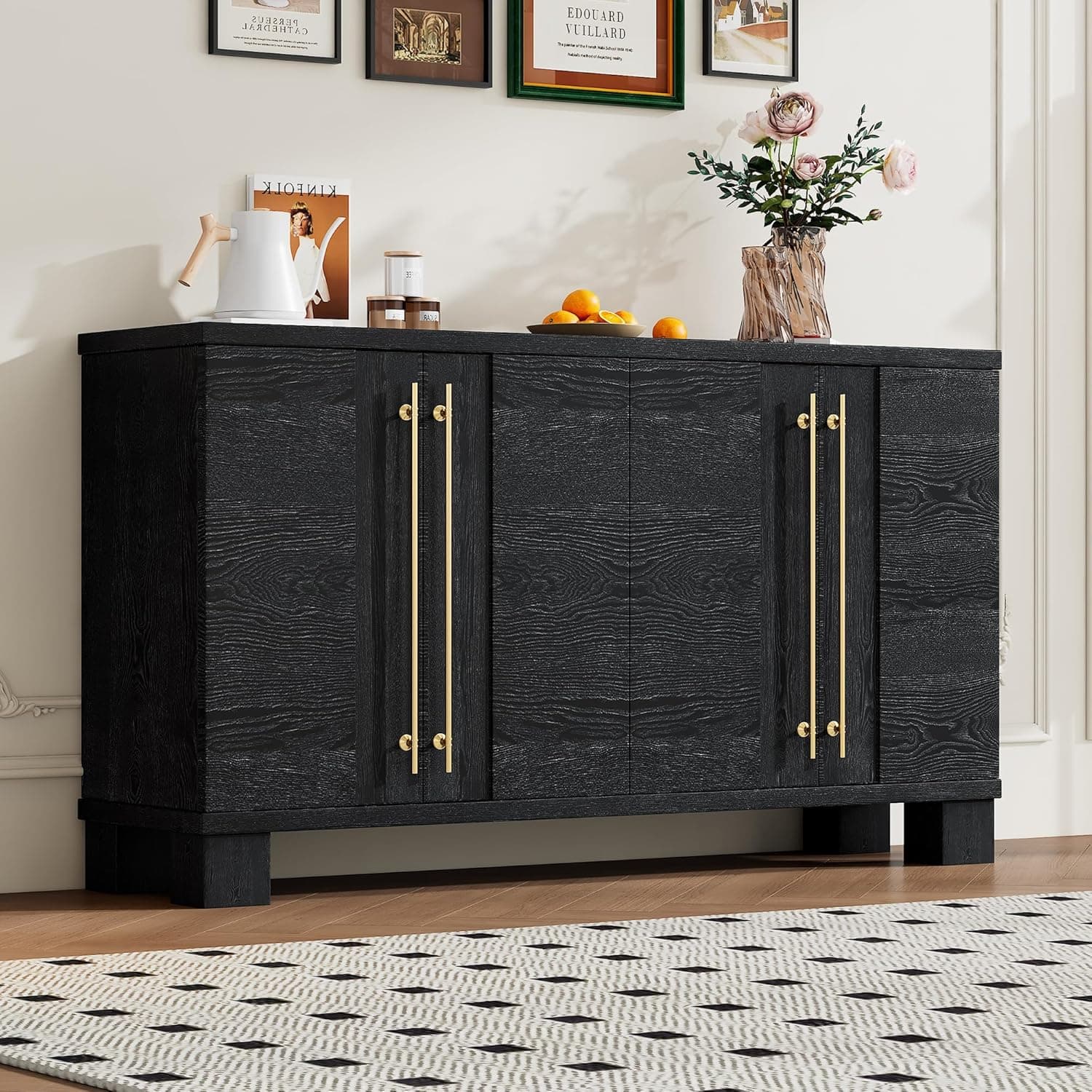 Linique Traditional Style 60" Buffet Sideboard Cabinet with Adjustable Shelves,Wood Buffet Table Cabinet with Gold Handles and Solid Wood Leg for Kitchen, Dining Room and Living Room(Black)