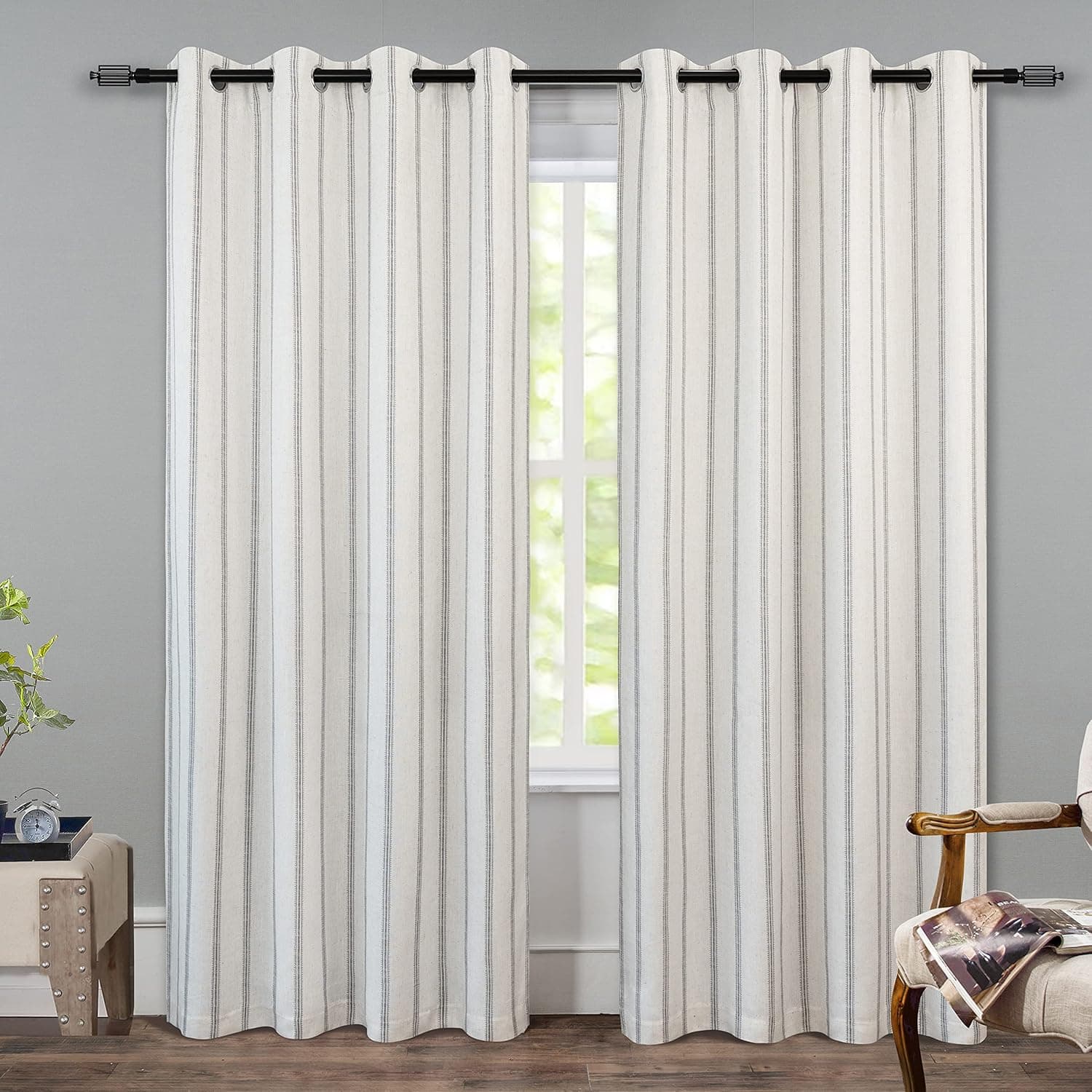 DriftAway Farmhouse Linen Blend Blackout Curtains 84 Inches Long for Bedroom Vertical Striped Printed Linen Curtains Thermal Insulated Lined Treatments for Living Room 2 Panels W52 x L84 Grey