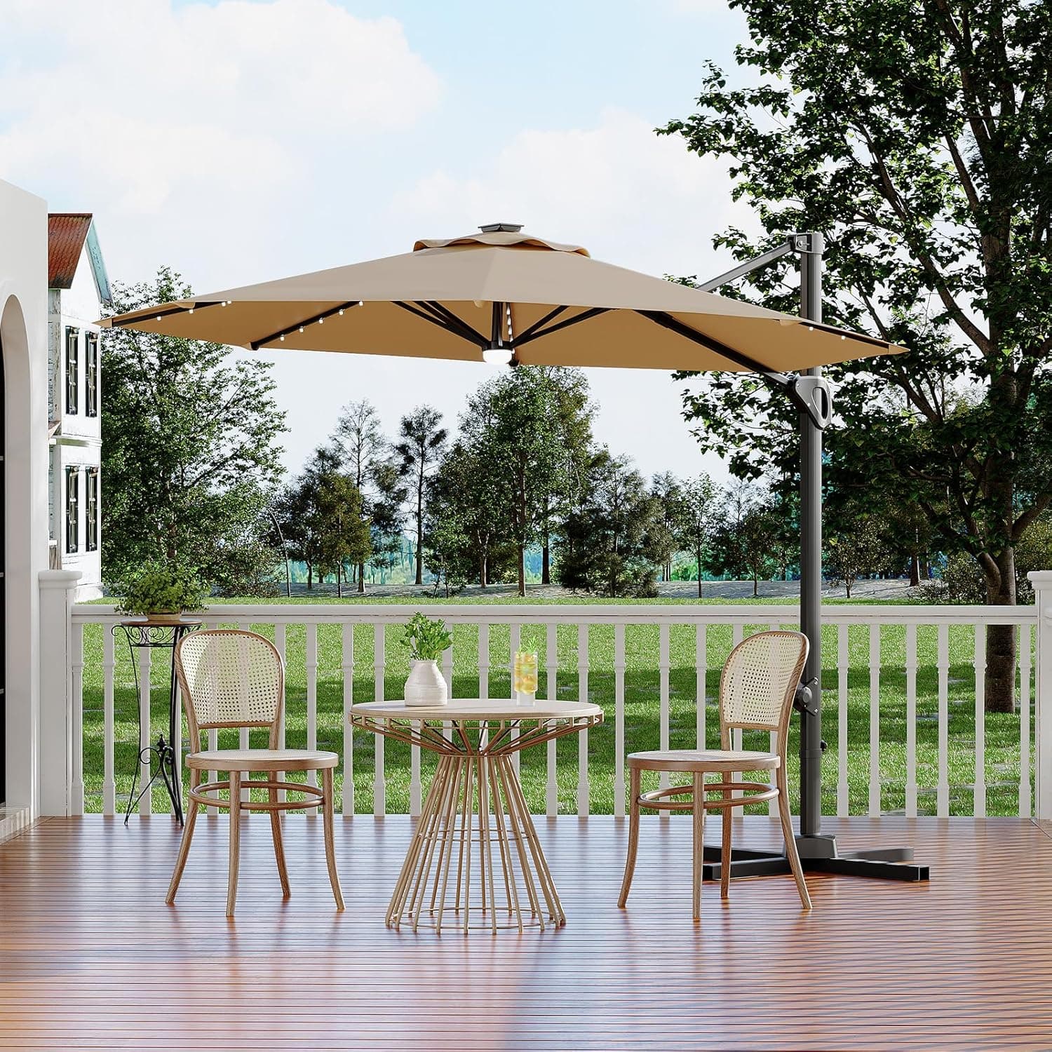 Garvee 10FT Cantilever Patio Umbrella with Solar Lights, 360° Rotation Offset Umbrella, Easy Crank & Tilt Adjustment, UV Protection for Backyard, Poolside, Deck